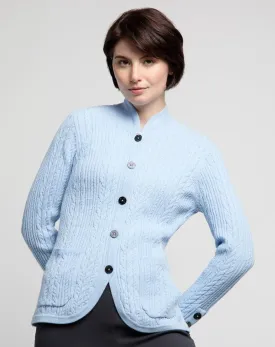 Cozy Blue Cable Knit Cardigan by Lyse Spenard - Stylish Atelier Design