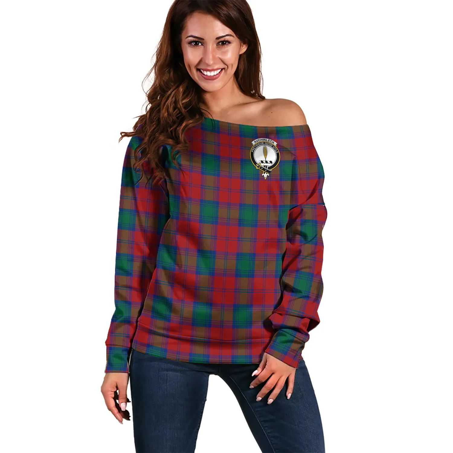 Auchinleck (Affleck) Tartan Off Shoulder Women Sweater with Family Crest