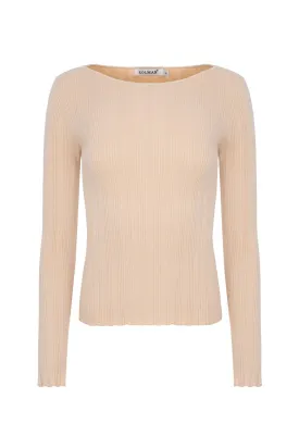 Beige Long Sleeve Rib Knit Sweater