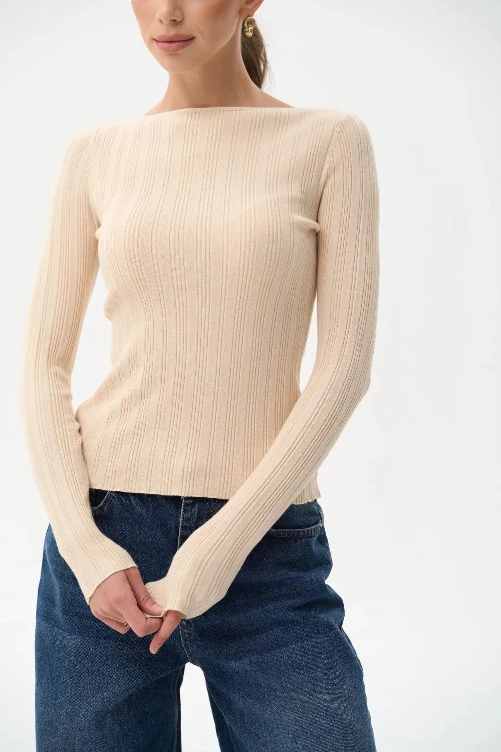 Beige Long Sleeve Rib Knit Sweater