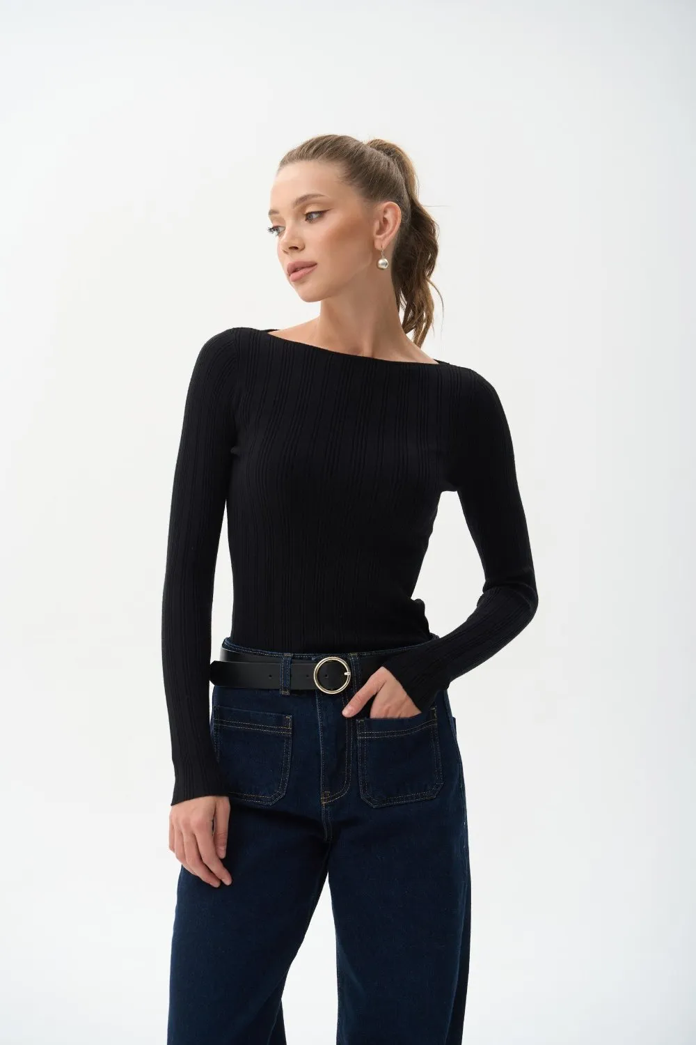 Black Long Sleeve Rib Knit Sweater