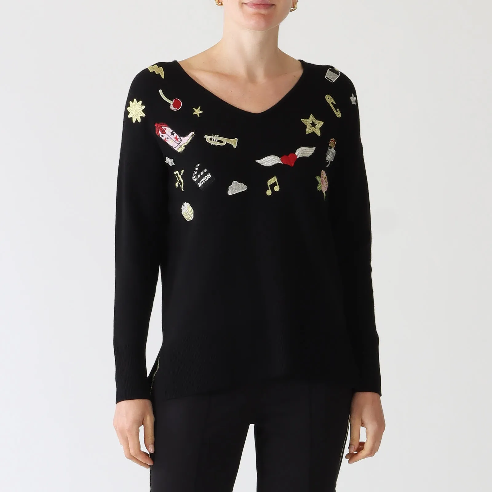 Black V-Neck Sticker Embroidered Sweater