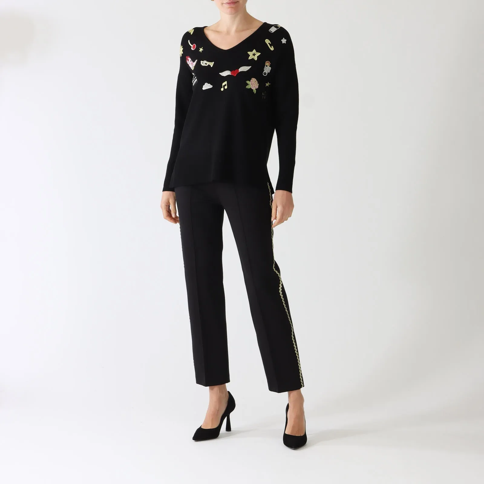 Black V-Neck Sticker Embroidered Sweater