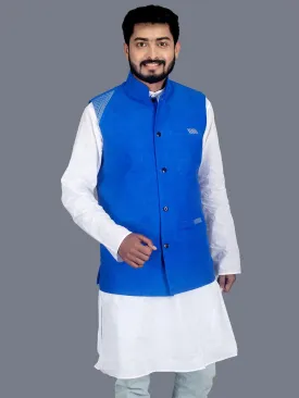 Blue Solid Matka Silk Modi Jacket