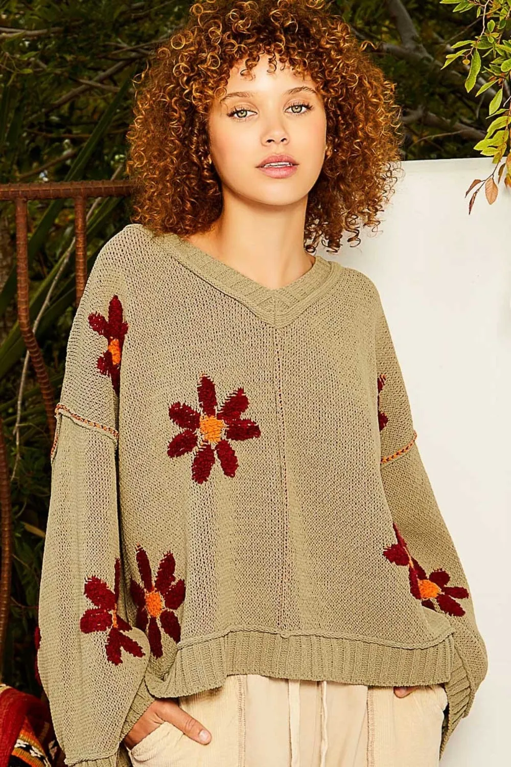 Boho Flower Sweatshirt New Women Fashion  V-Neck Floral Pattern Chenille Sweater