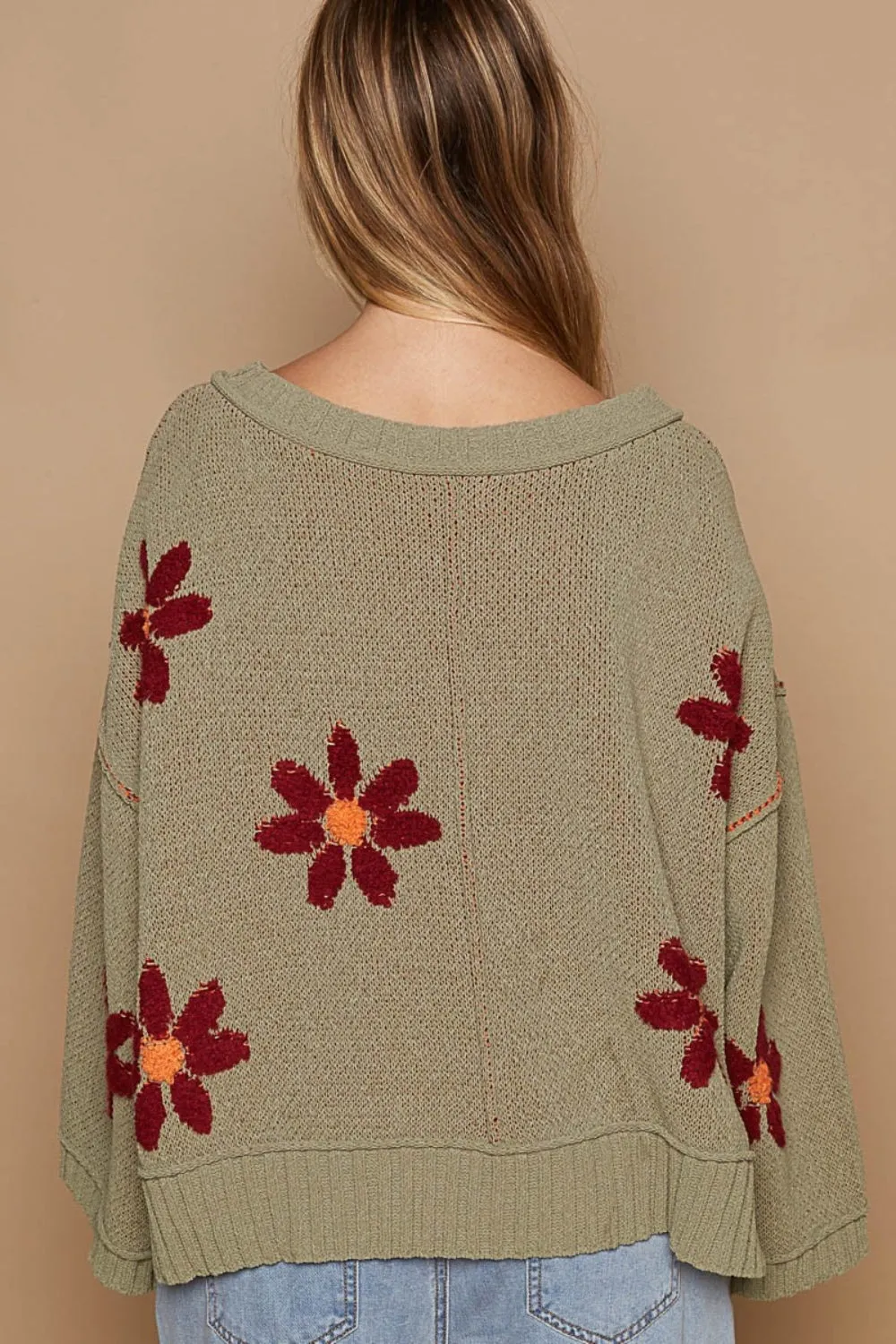 Boho Flower Sweatshirt New Women Fashion  V-Neck Floral Pattern Chenille Sweater