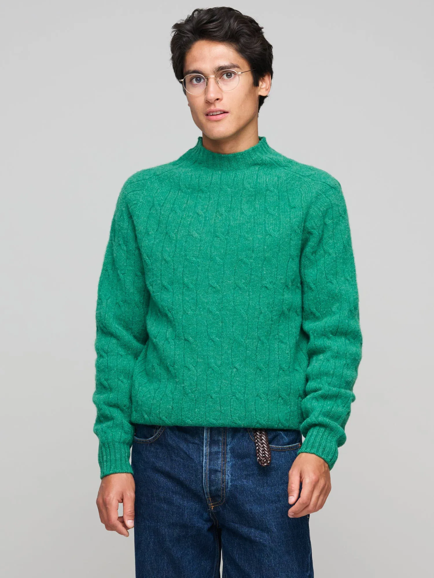 Brushed Shetland Cable Knit Crew Neck Jumper, Green