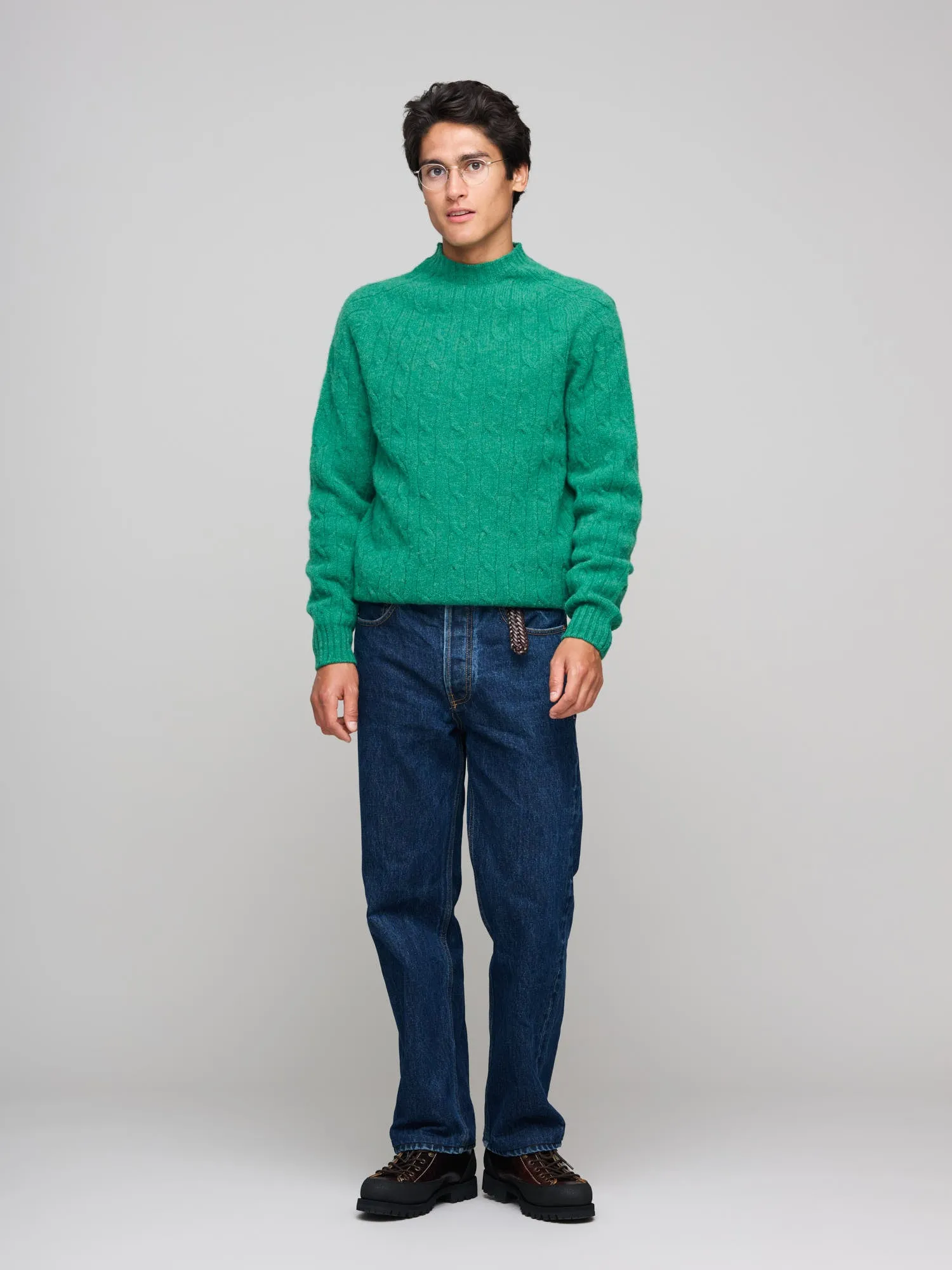 Brushed Shetland Cable Knit Crew Neck Jumper, Green