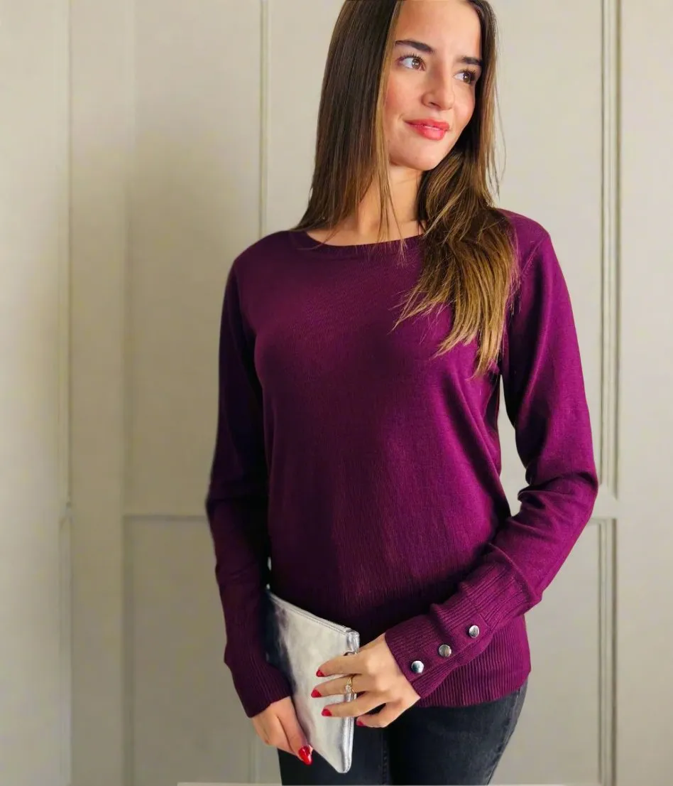 Burgundy Fine Knit Button Cuff Jumper