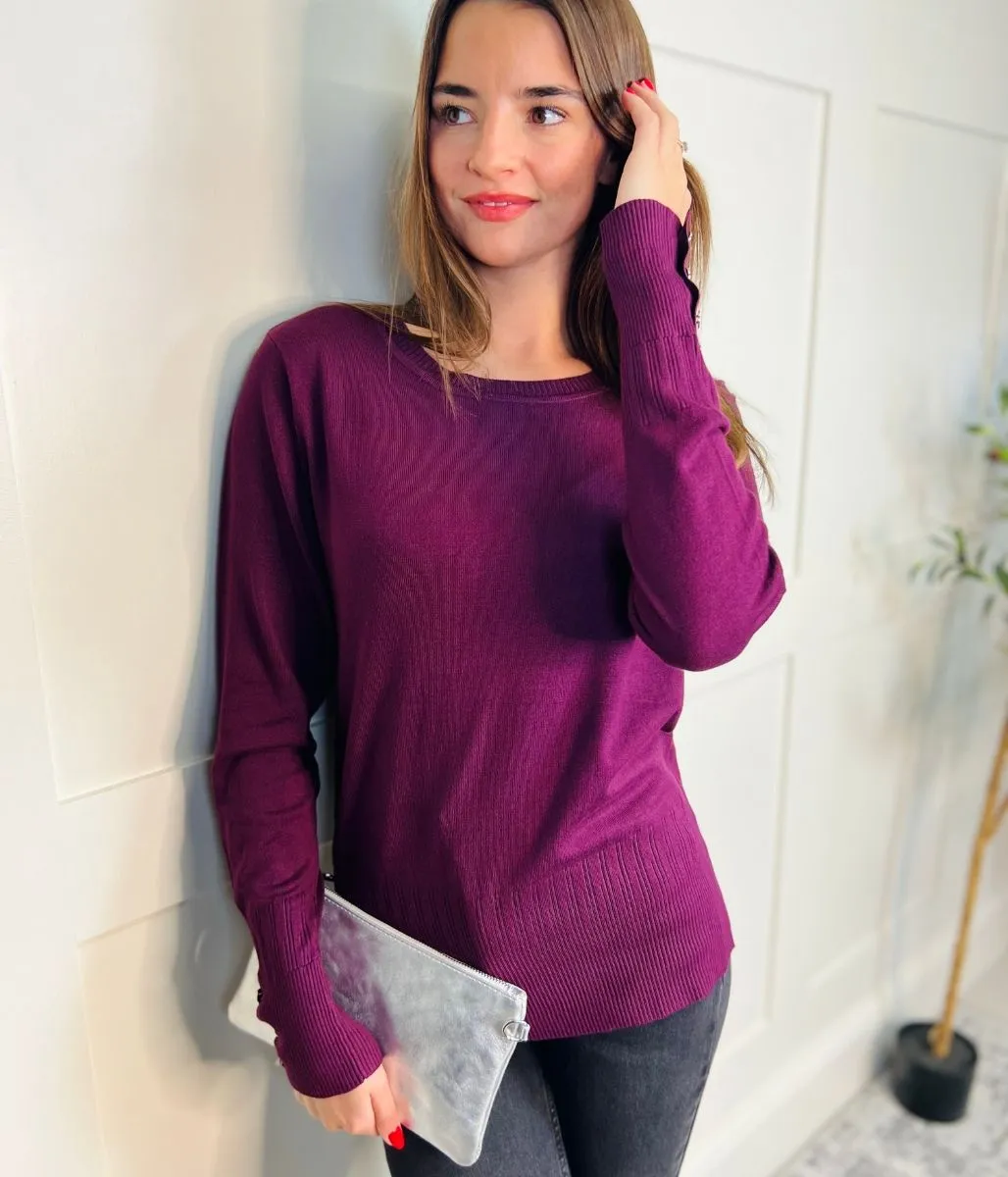 Burgundy Fine Knit Button Cuff Jumper