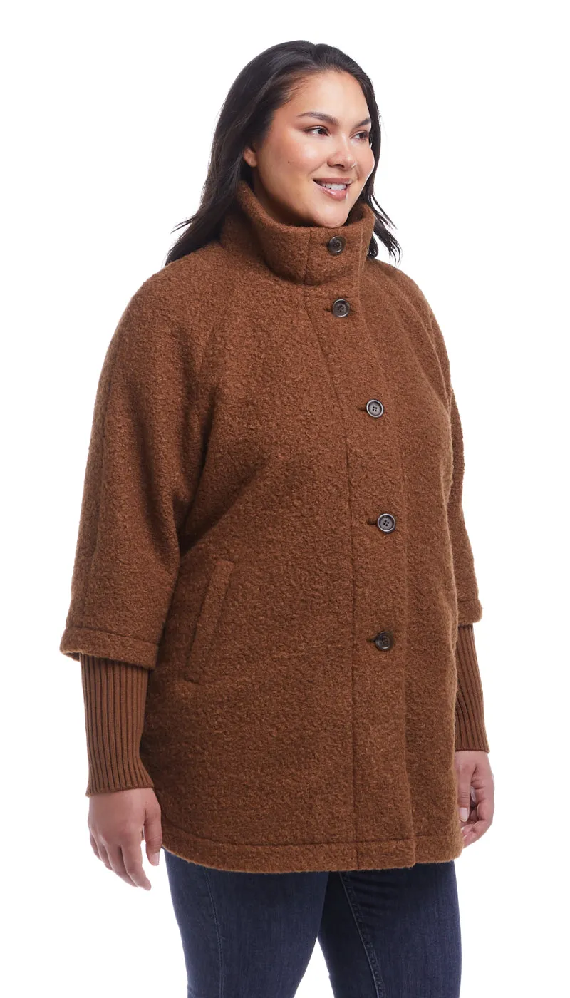 BUTTON FRONT BOUCLE TOPPER WITH KNIT SLEEVES