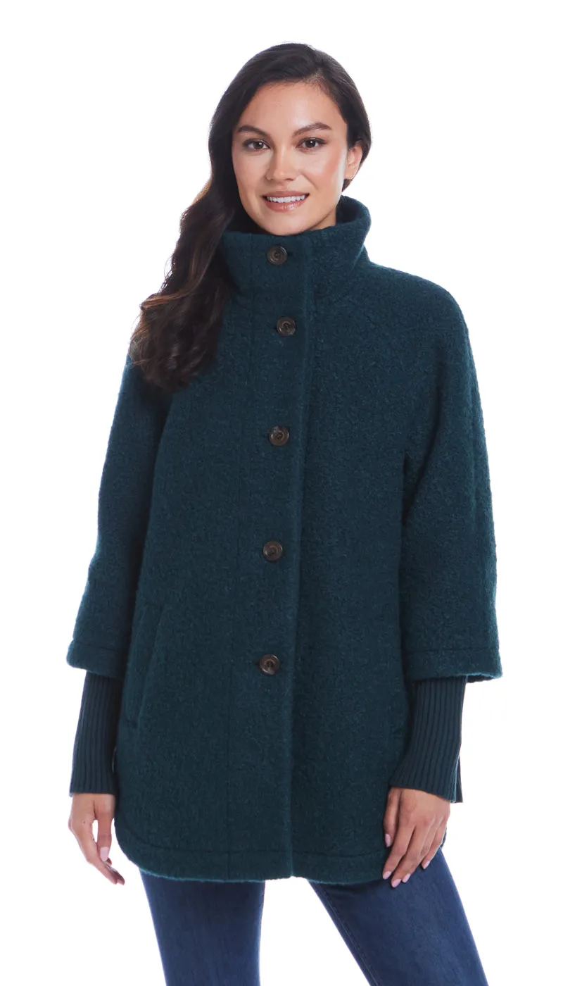 BUTTON FRONT BOUCLE TOPPER WITH KNIT SLEEVES