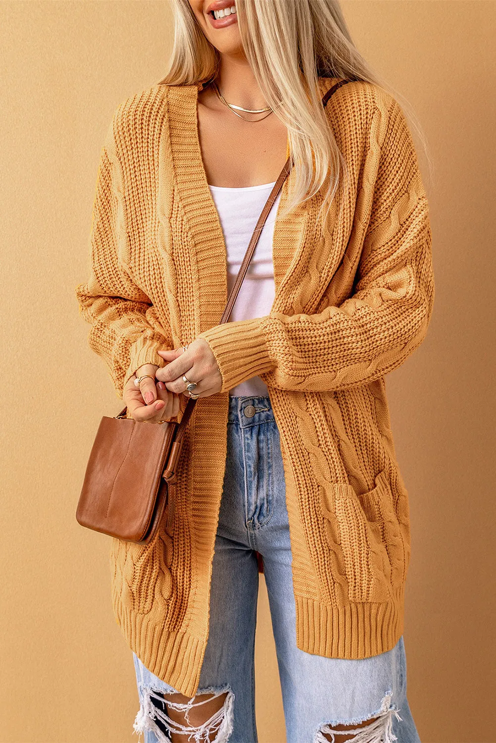 Cable Knit Pocketed Long Cardigan