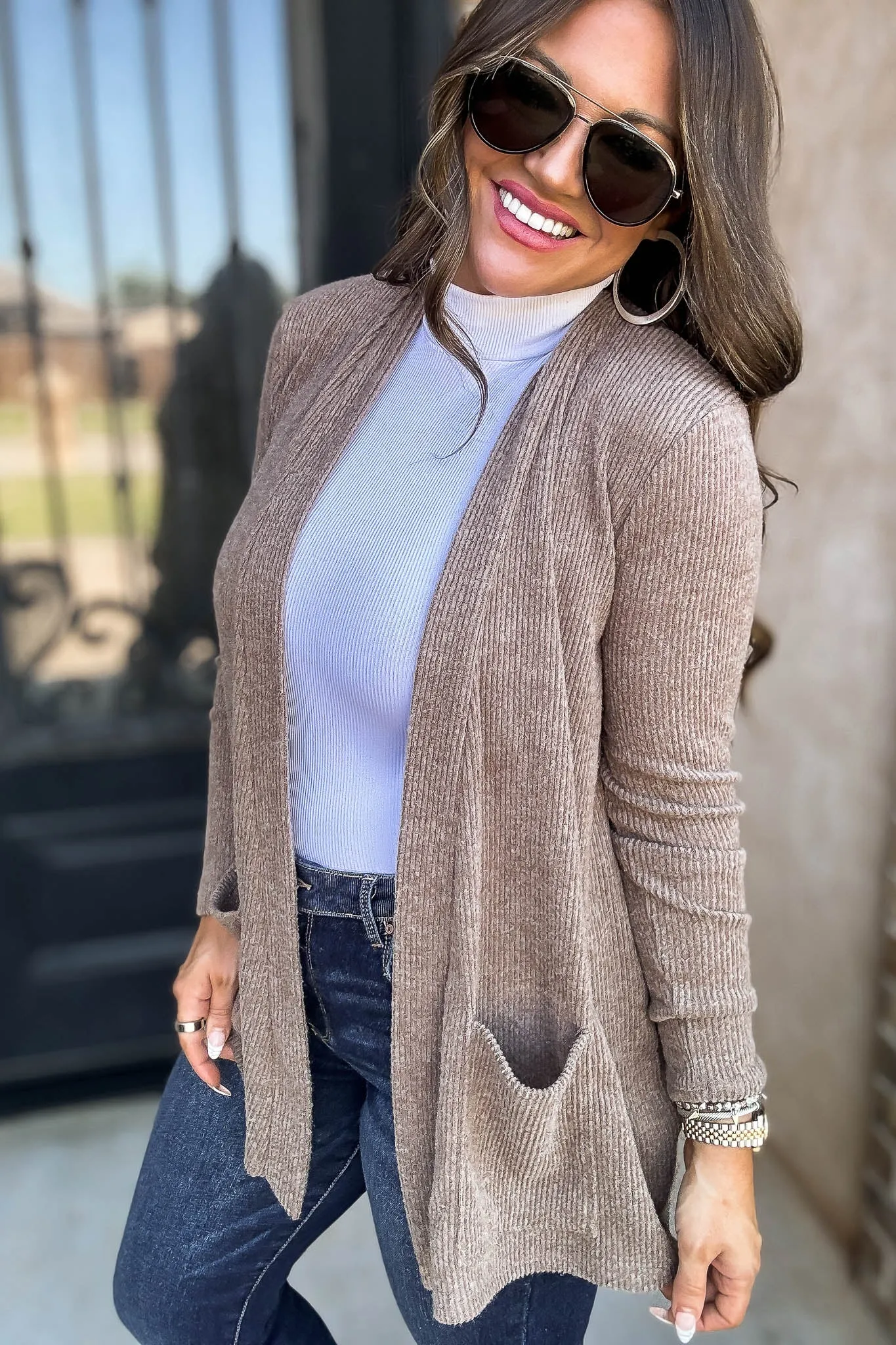 Calm And Cozy Heather Mocha Ribbed Sweater Open Front Cardigan