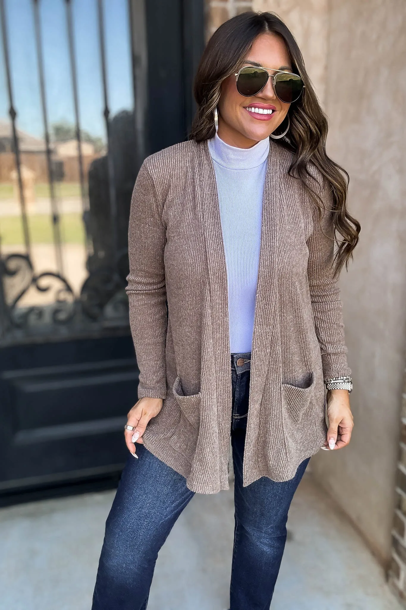 Calm And Cozy Heather Mocha Ribbed Sweater Open Front Cardigan