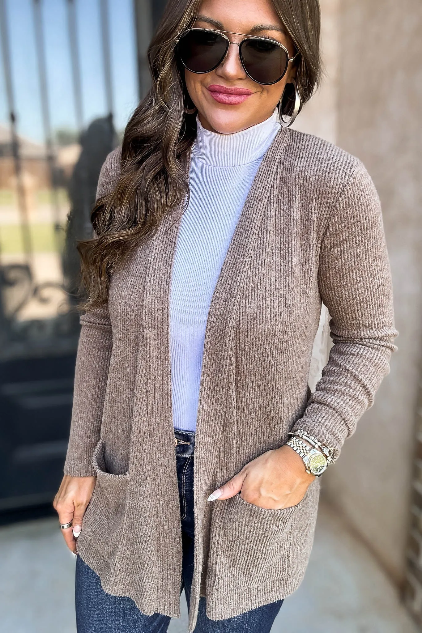 Calm And Cozy Heather Mocha Ribbed Sweater Open Front Cardigan