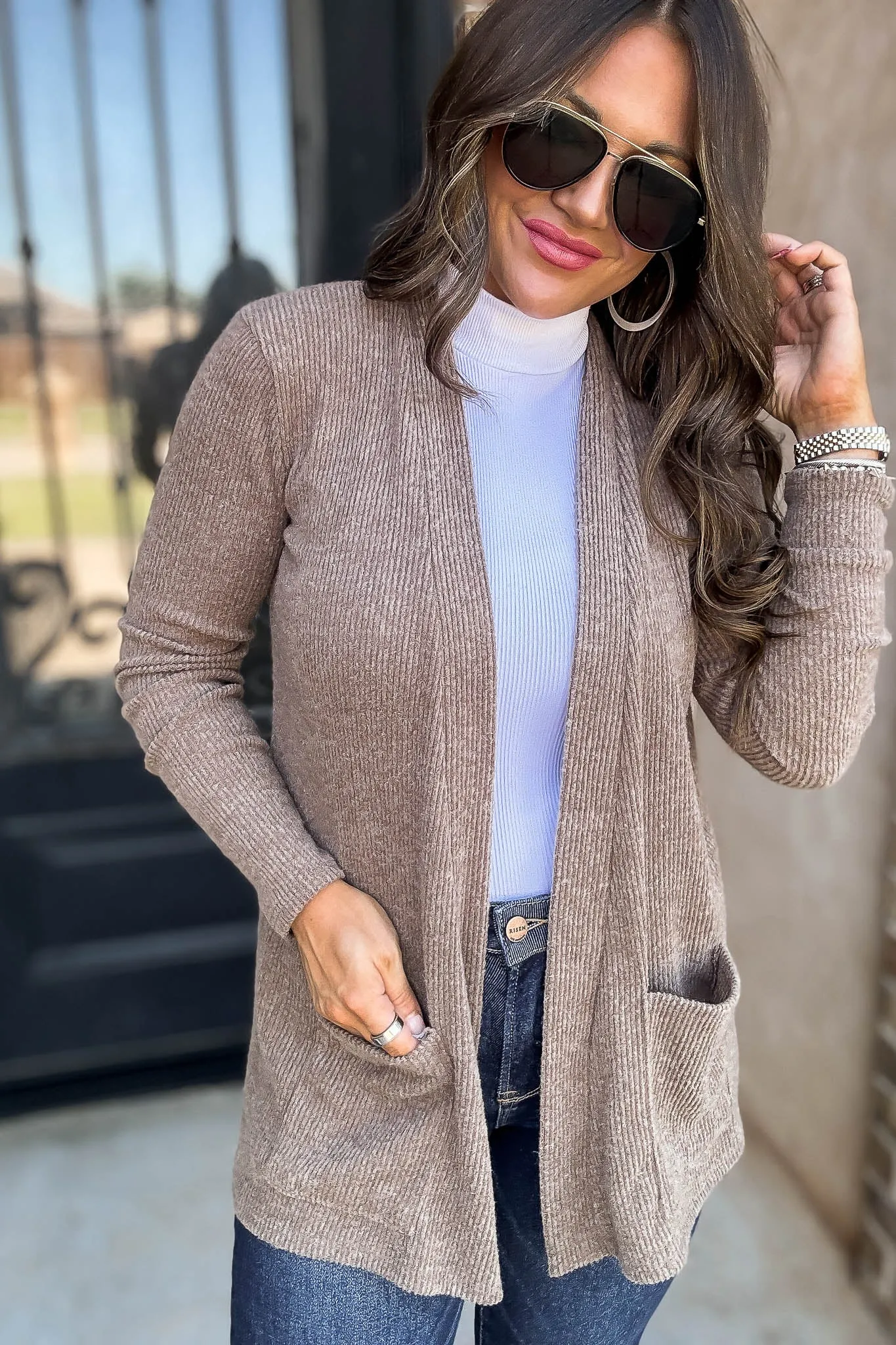 Calm And Cozy Heather Mocha Ribbed Sweater Open Front Cardigan