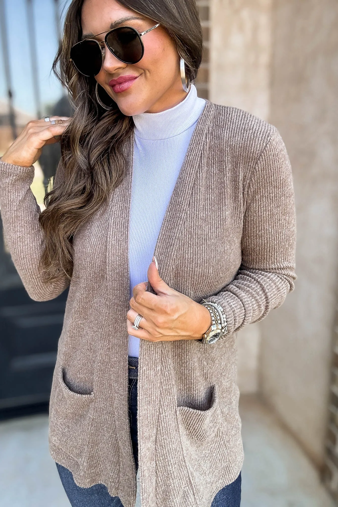 Calm And Cozy Heather Mocha Ribbed Sweater Open Front Cardigan