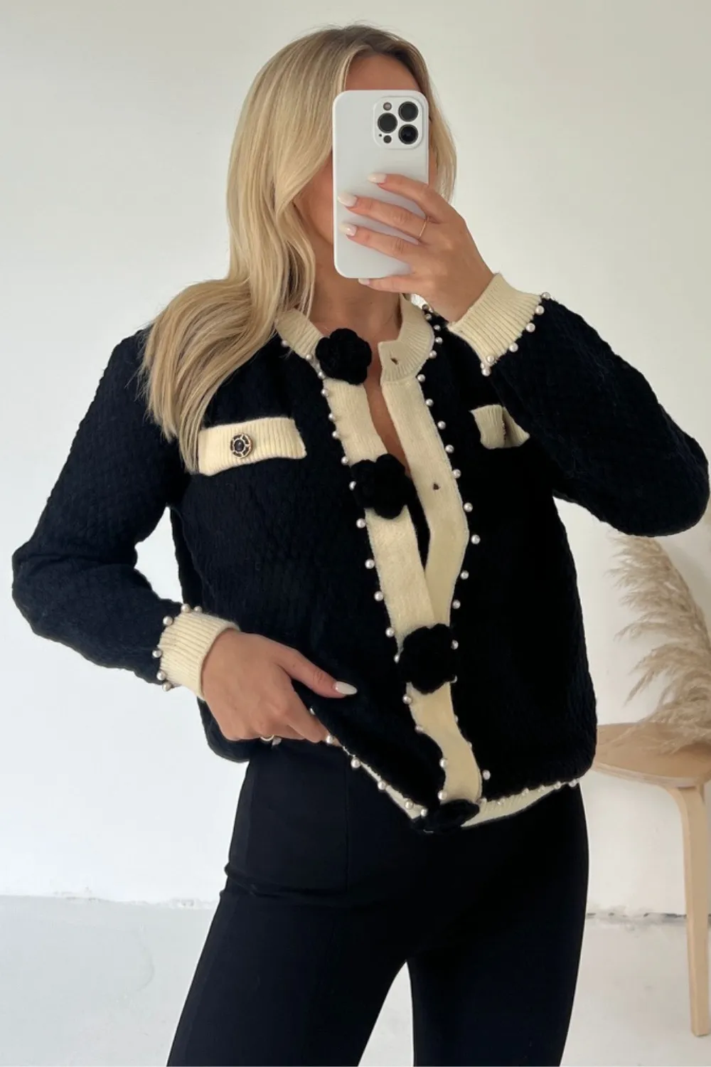 Camille black flower button knitted Cardigan