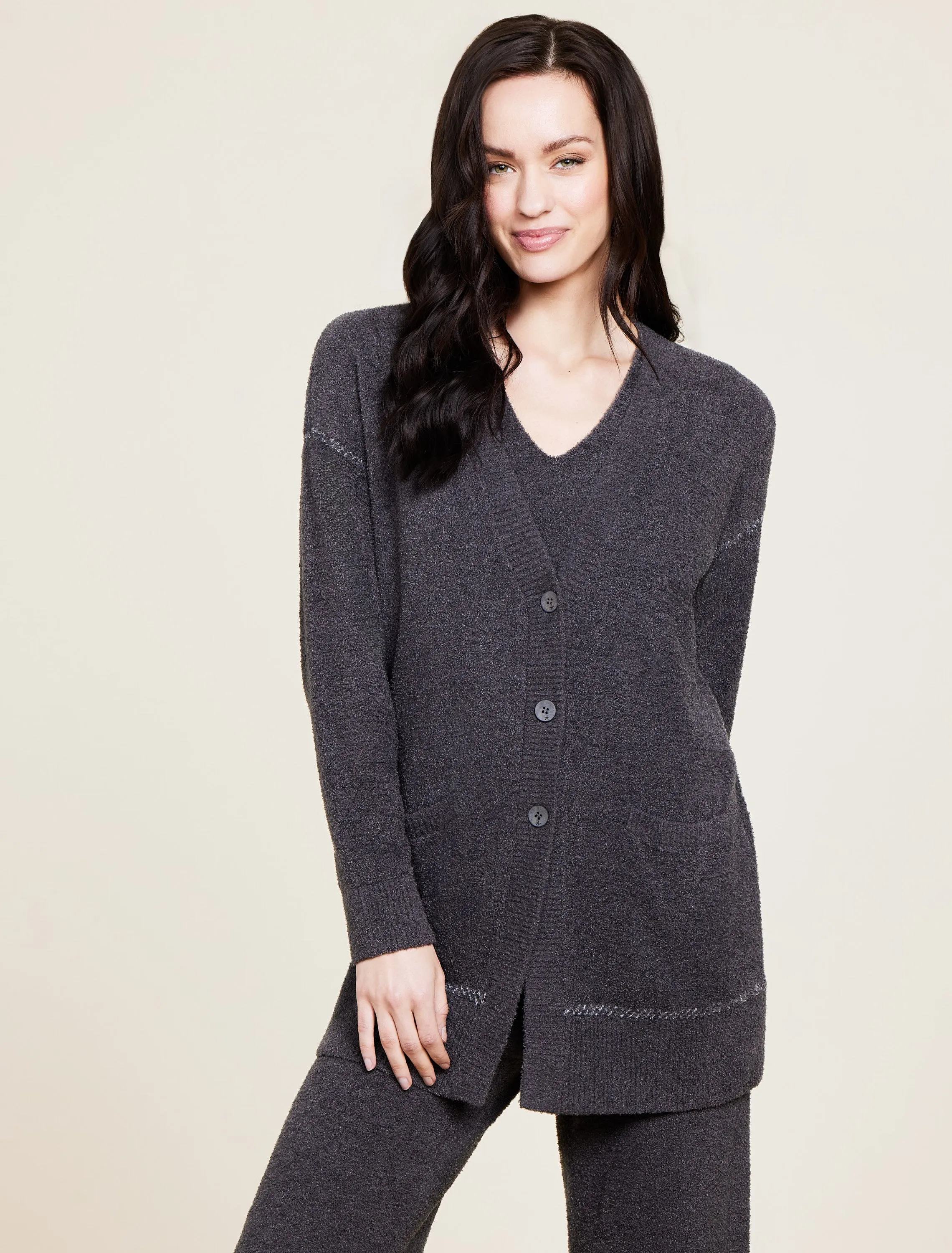 Carbon Pearl Contrast Stitch Cardigan