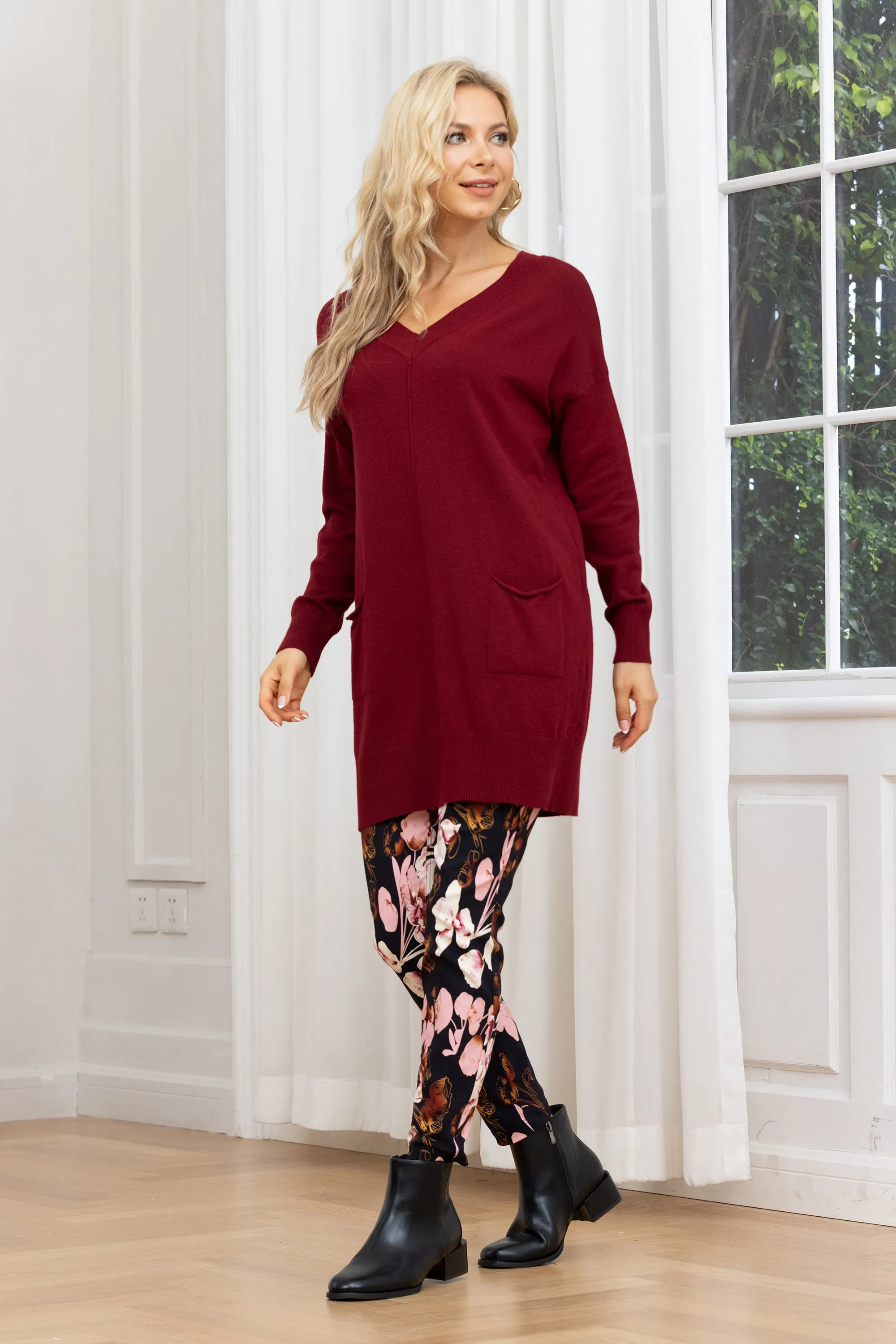 Cashmere Feel V-Neck Tunic With Front Pockets