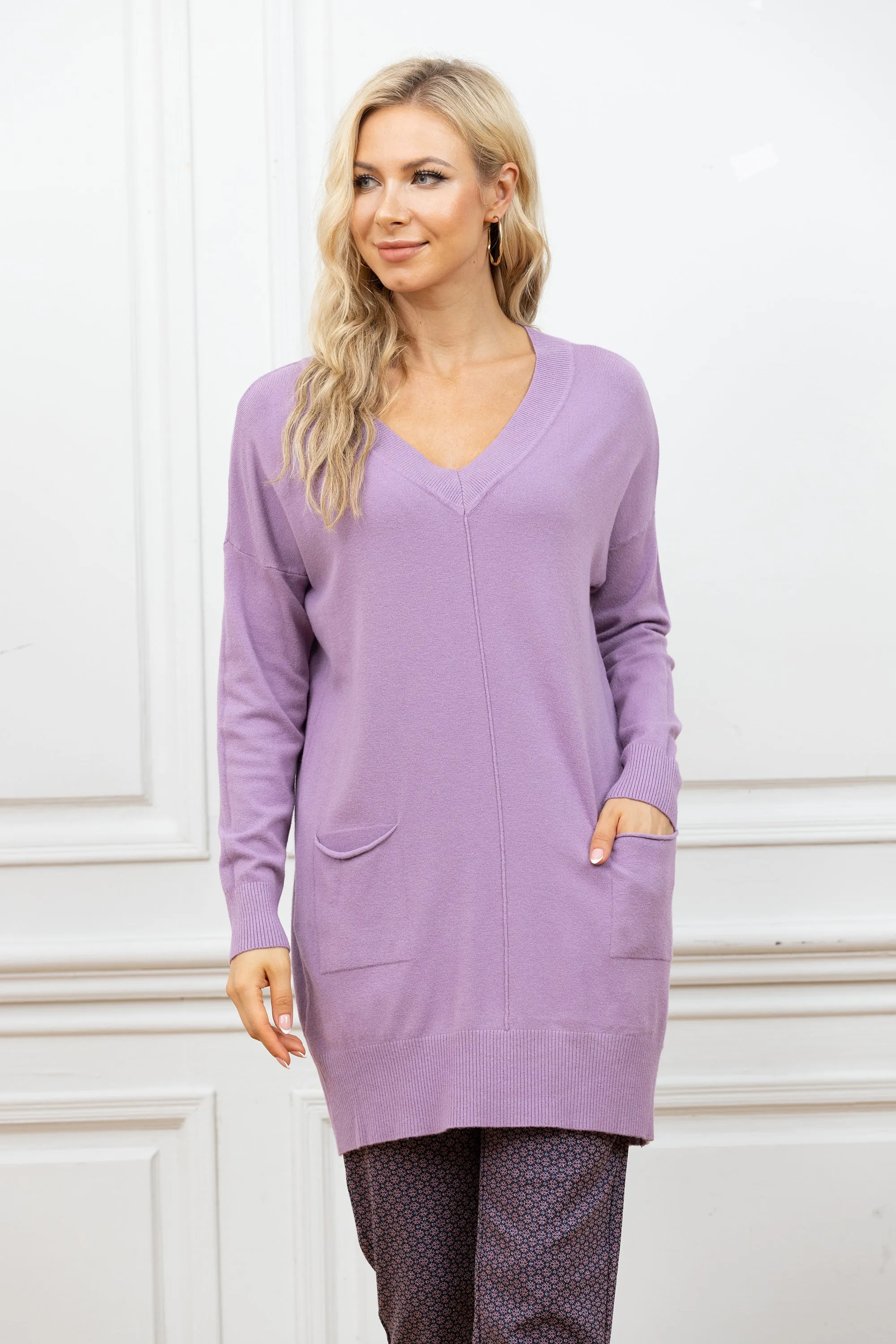 Cashmere Feel V-Neck Tunic With Front Pockets