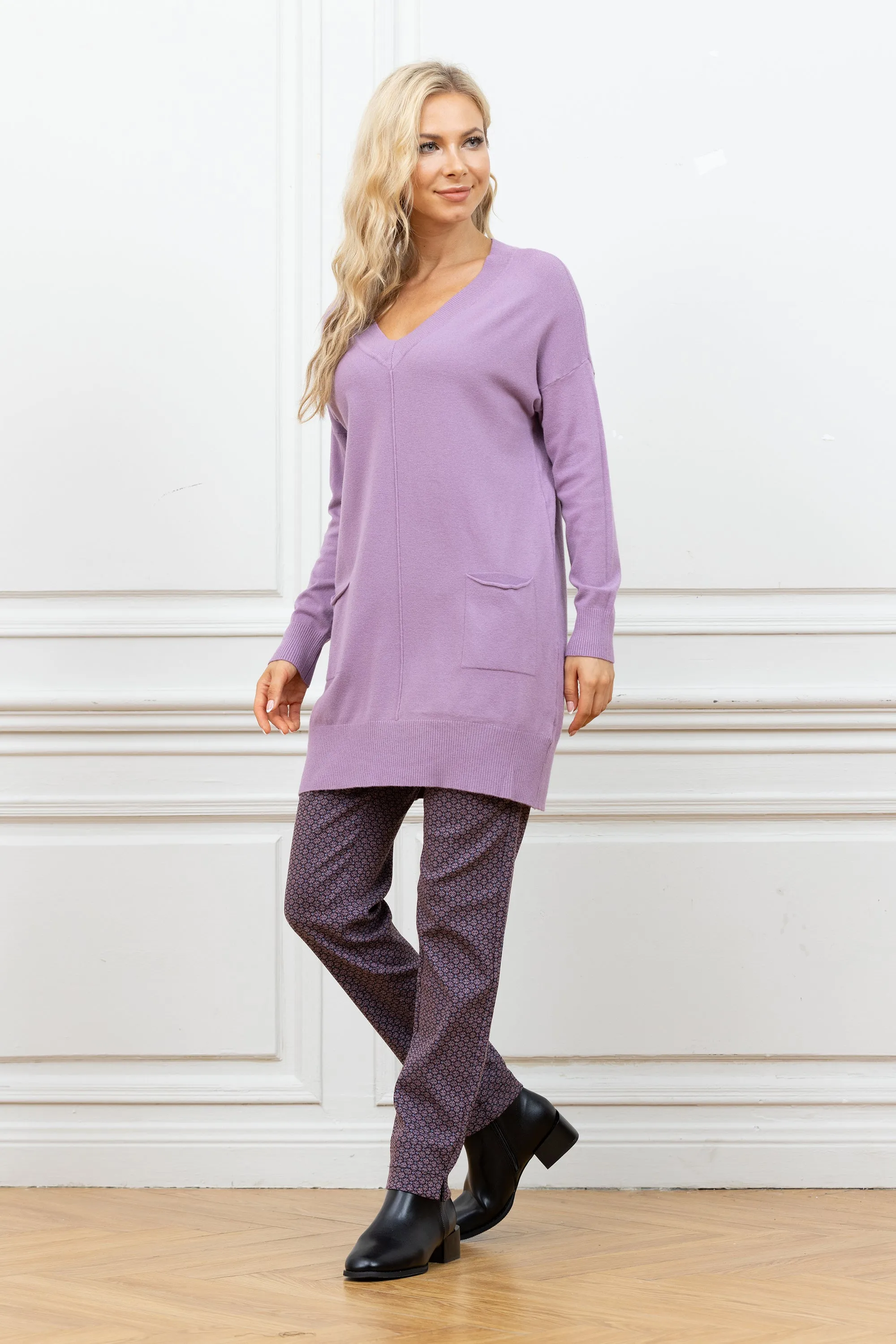 Cashmere Feel V-Neck Tunic With Front Pockets