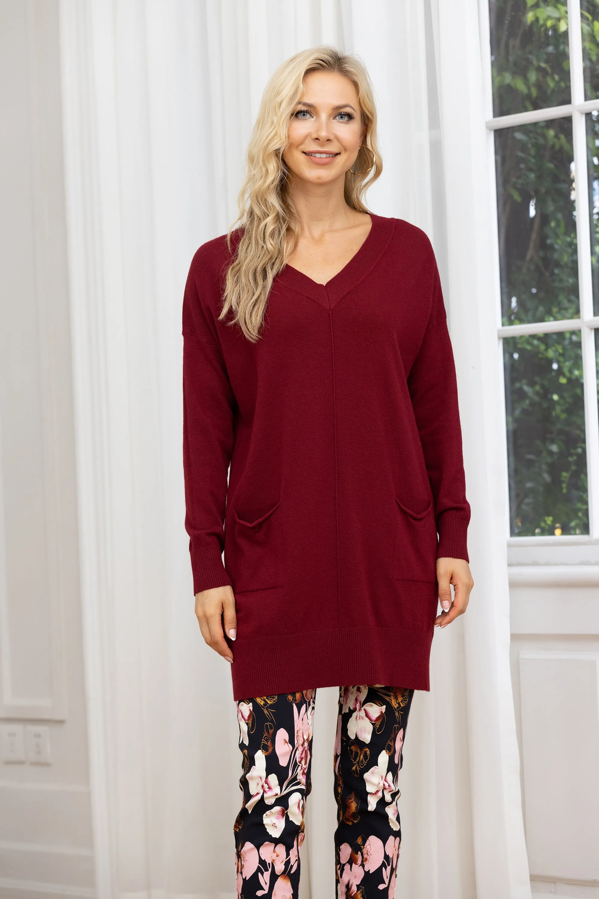 Cashmere Feel V-Neck Tunic With Front Pockets