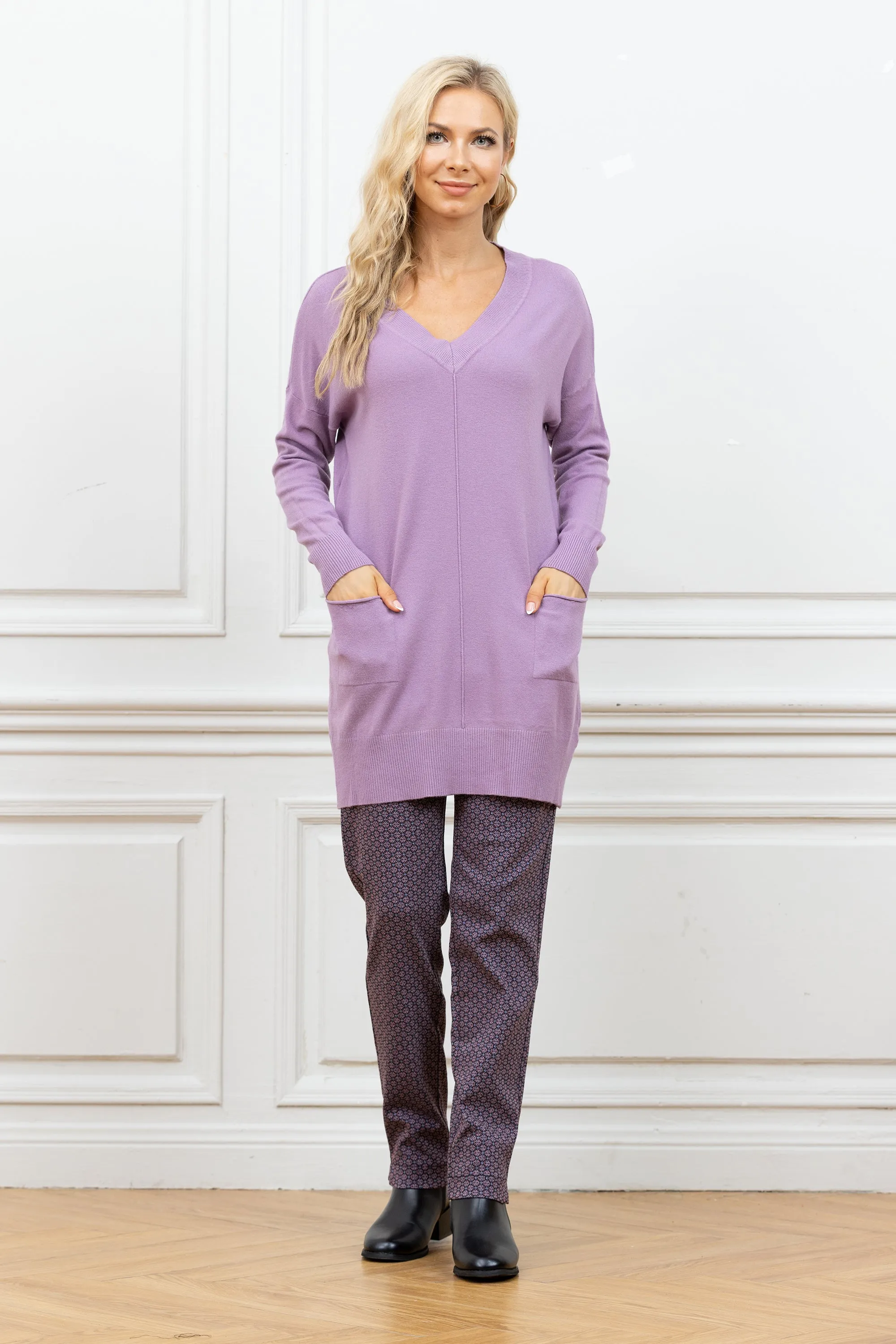 Cashmere Feel V-Neck Tunic With Front Pockets