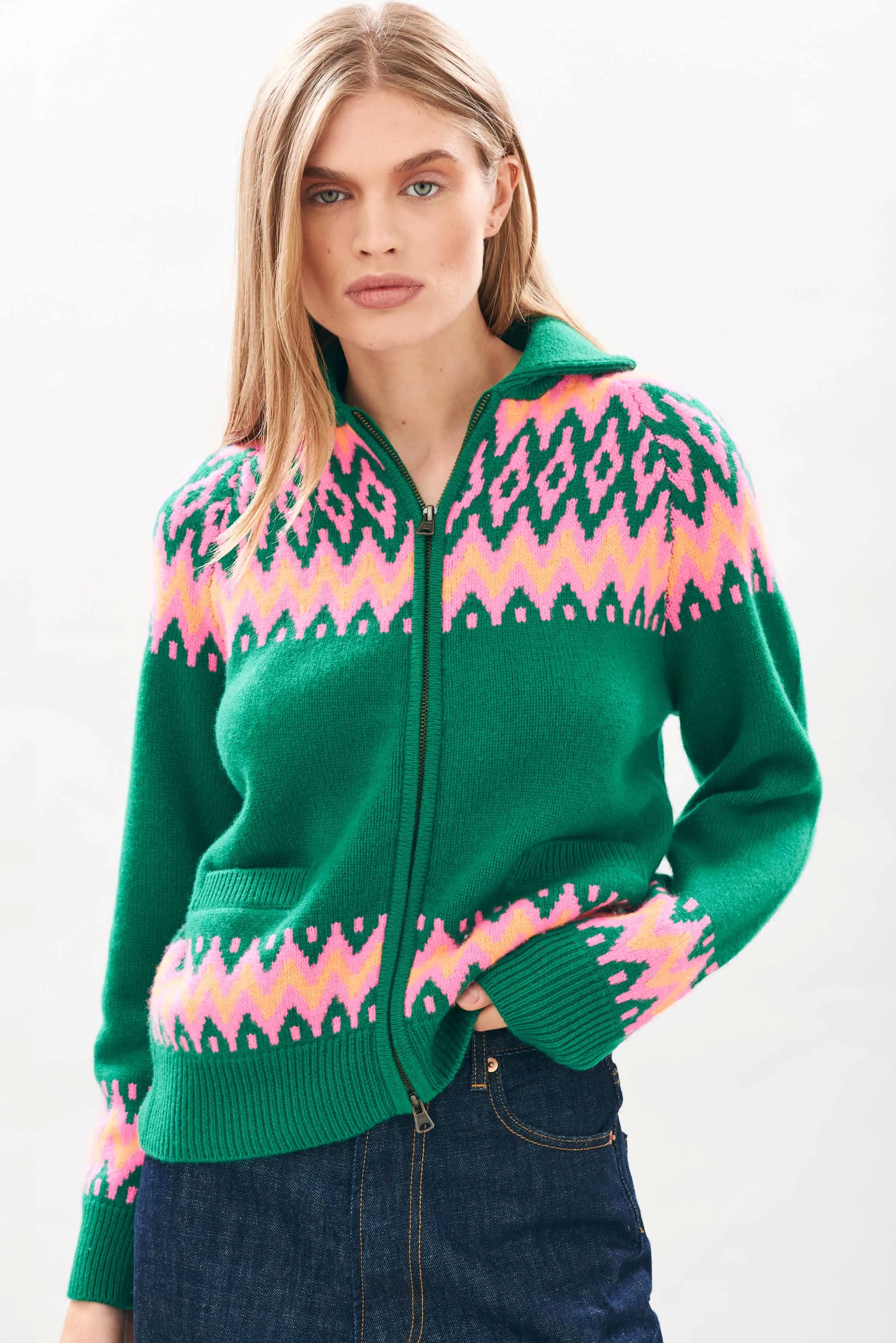 Cashmere Wool Ski Zip Up in Green