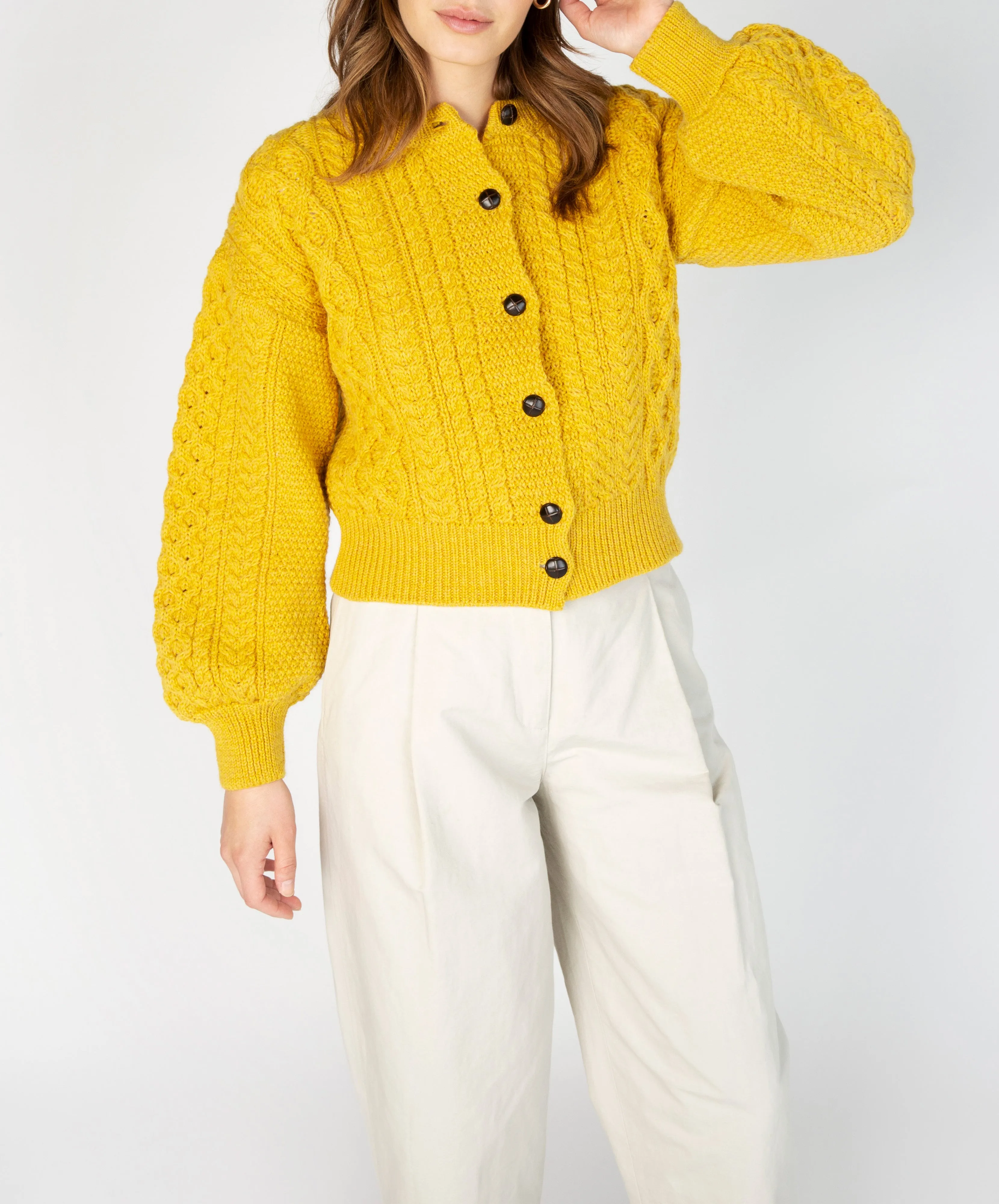 Clover Cropped Aran Cardigan Sunflower