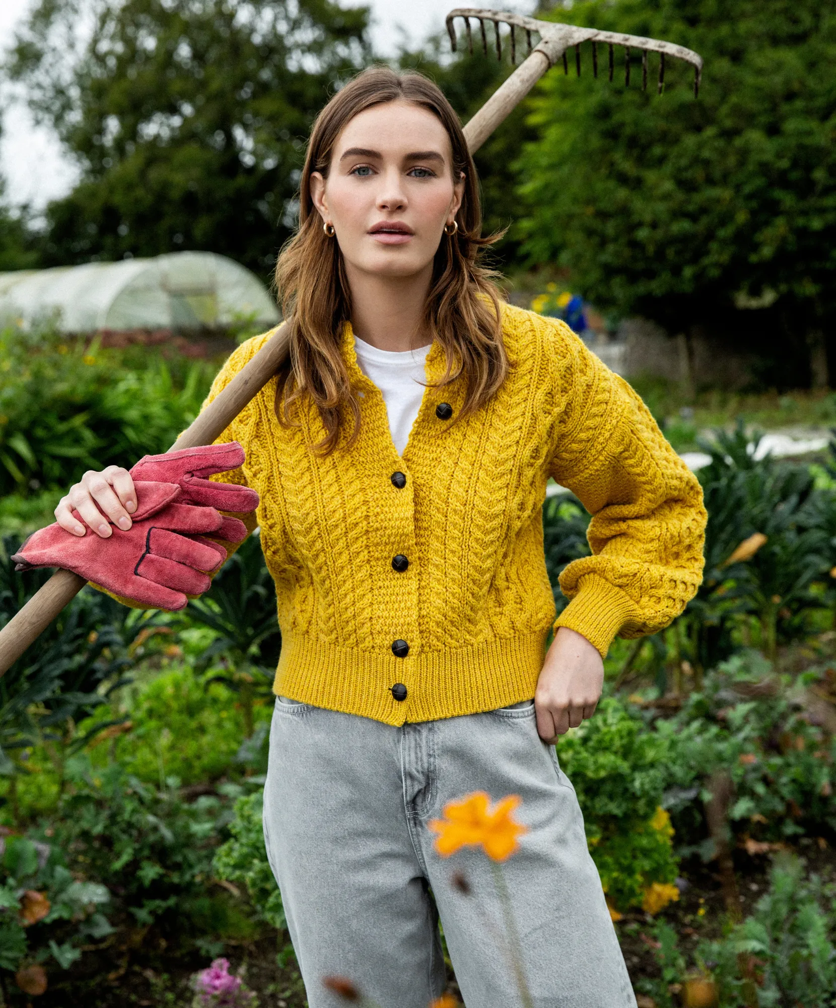 Clover Cropped Aran Cardigan Sunflower