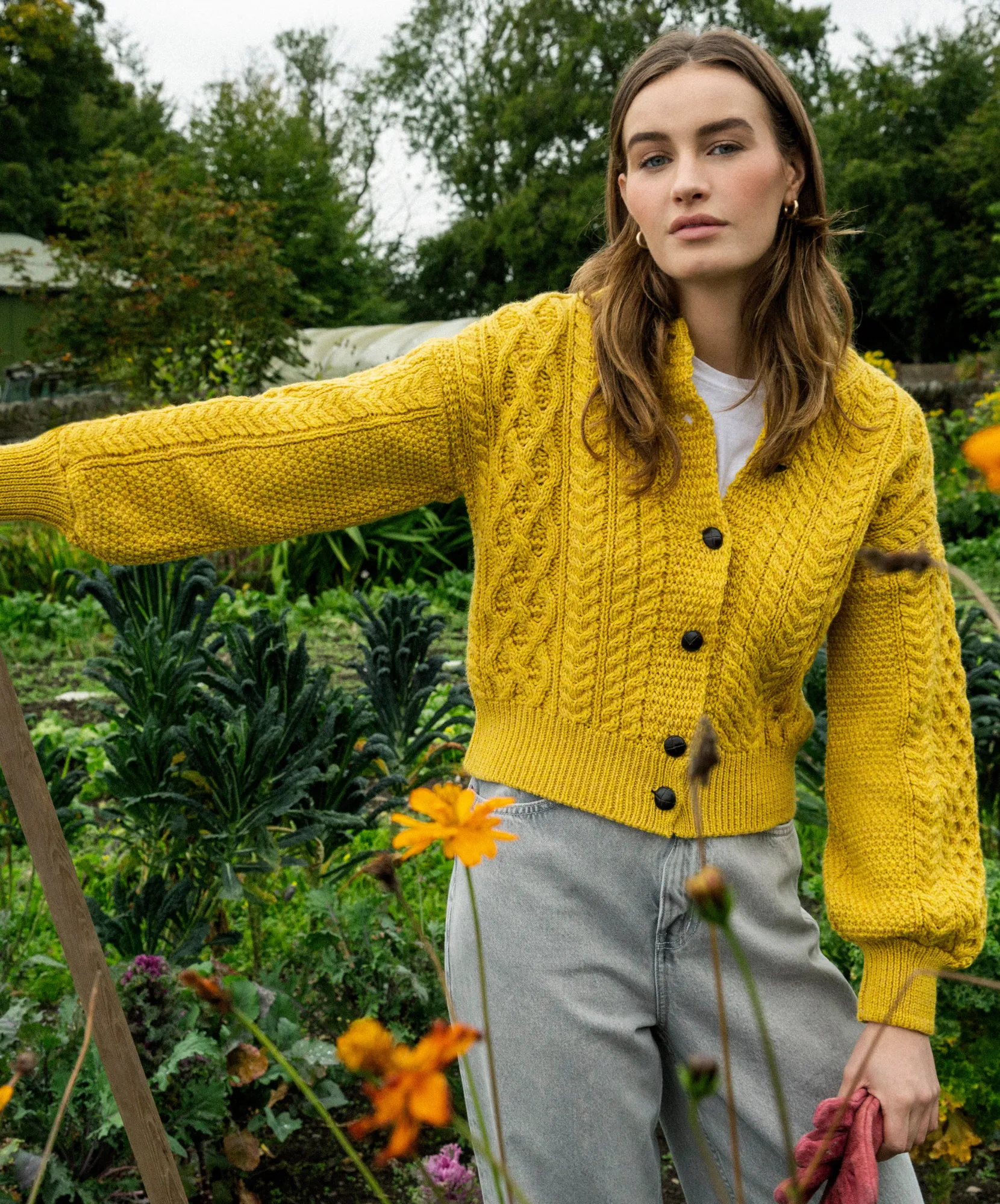 Clover Cropped Aran Cardigan Sunflower