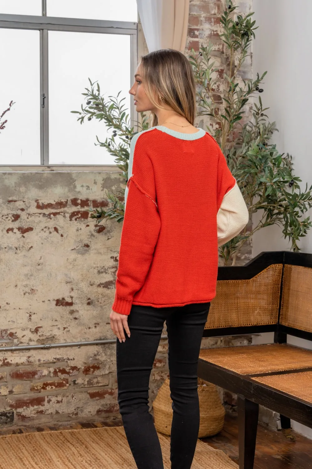 Color Block Drop Shoulder Sweater - Blue/Rust