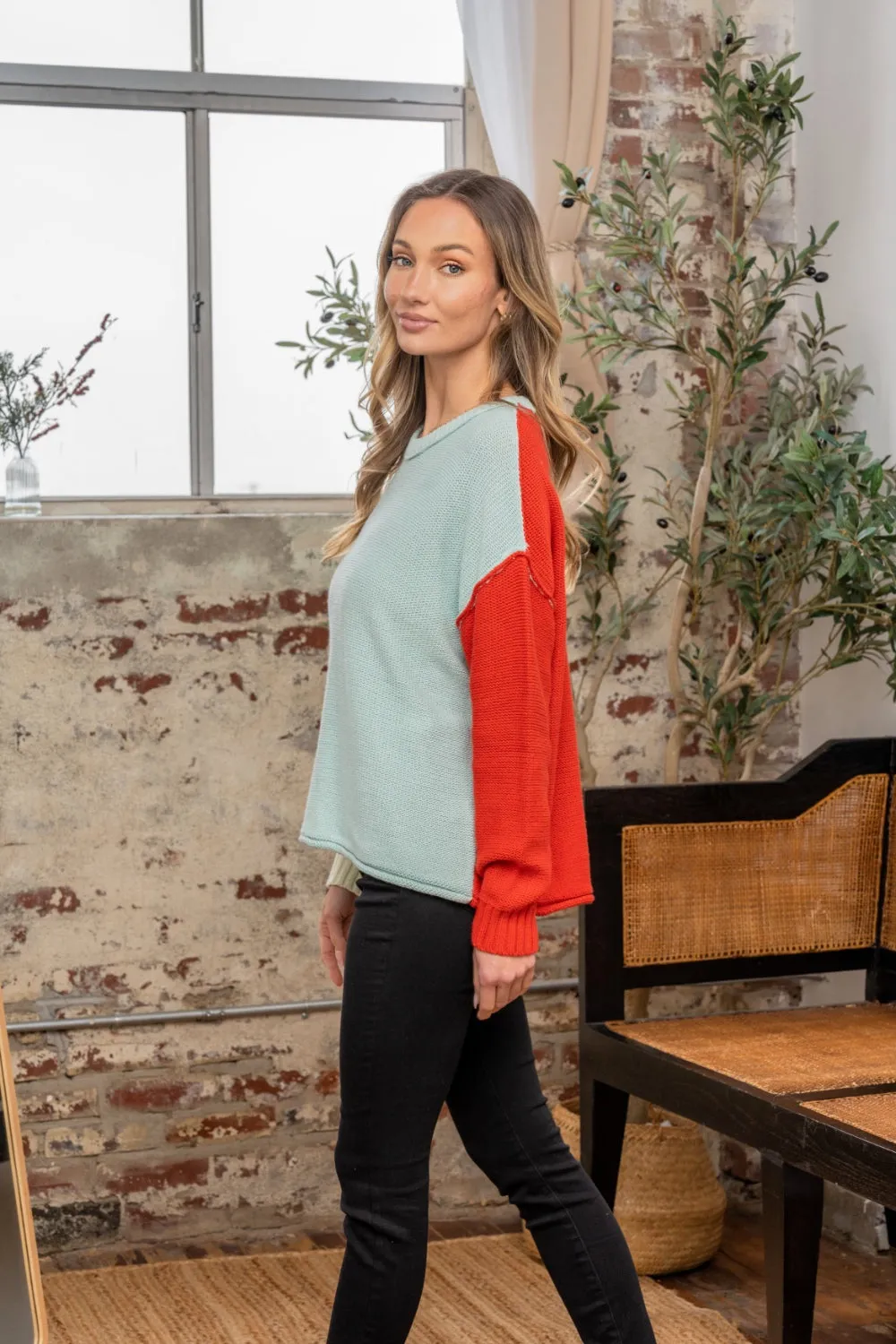 Color Block Drop Shoulder Sweater - Blue/Rust