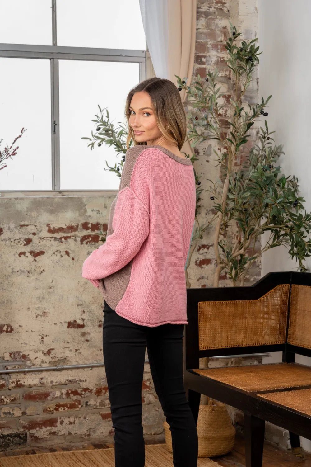 Color Block Drop Shoulder Sweater - Taupe/Pink