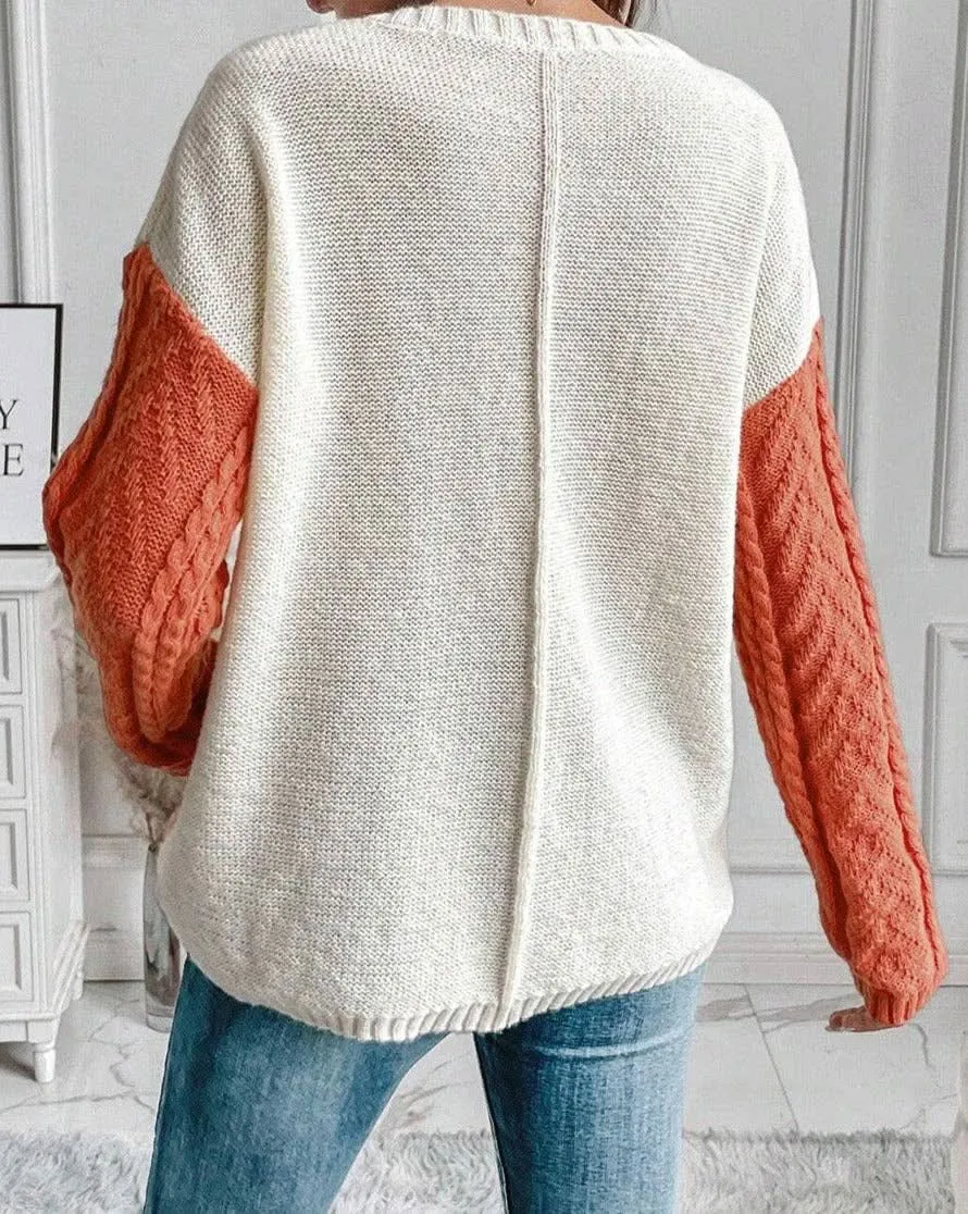 Colorblock Cable Patch Pocket Sweater