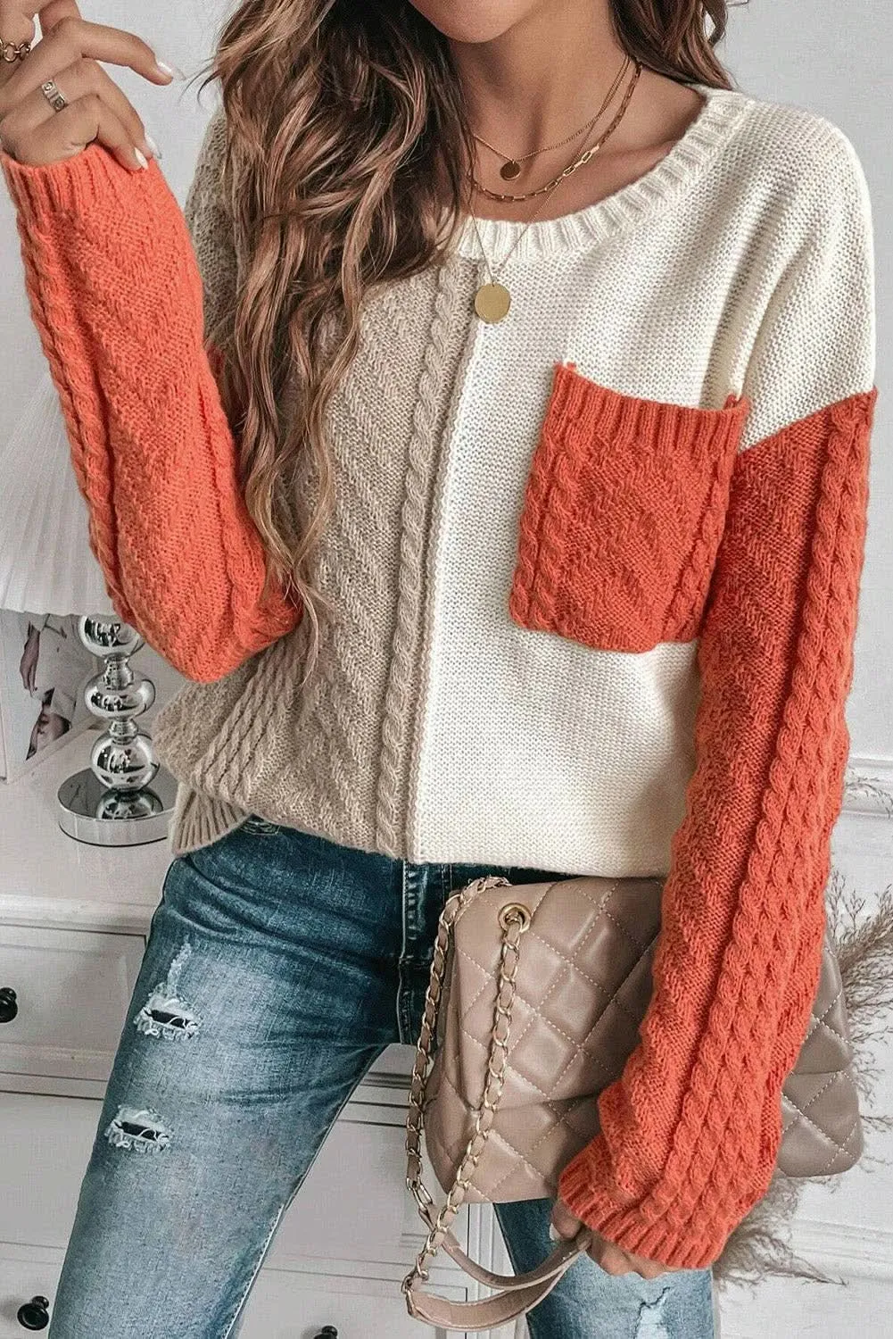 Colorblock Cable Patch Pocket Sweater