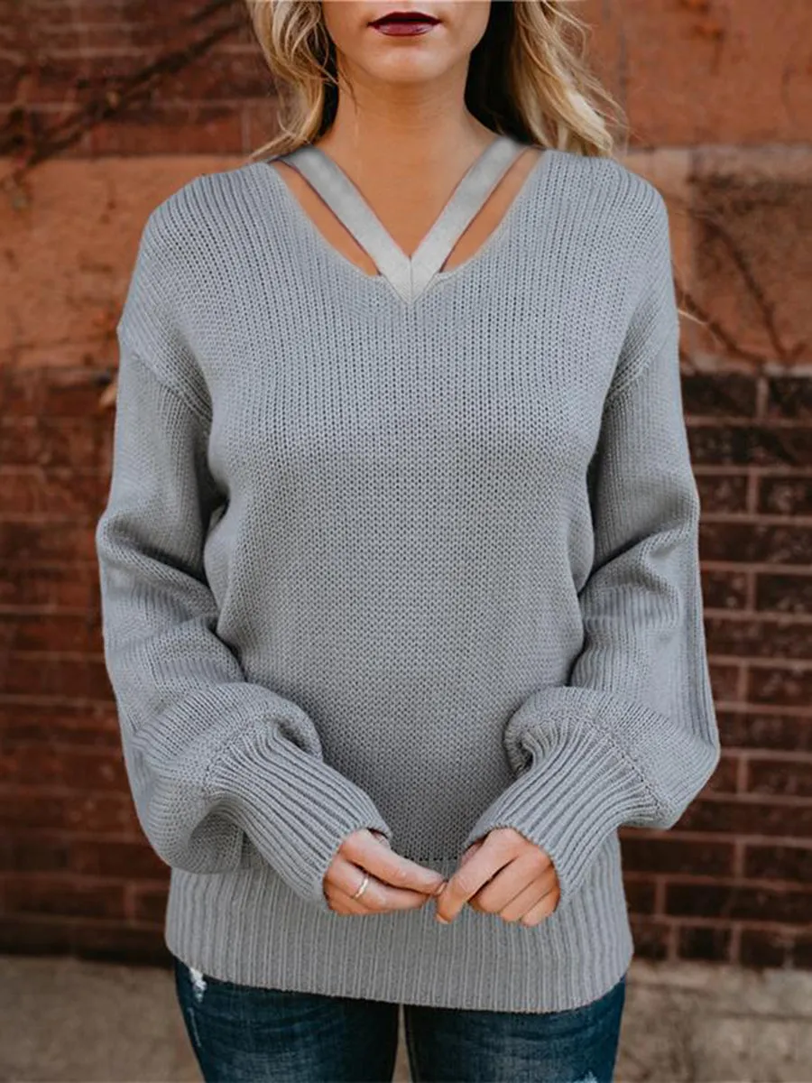 Comfortable Solid Color Warm V-Neck Knitted Long-Sleeved Sweater