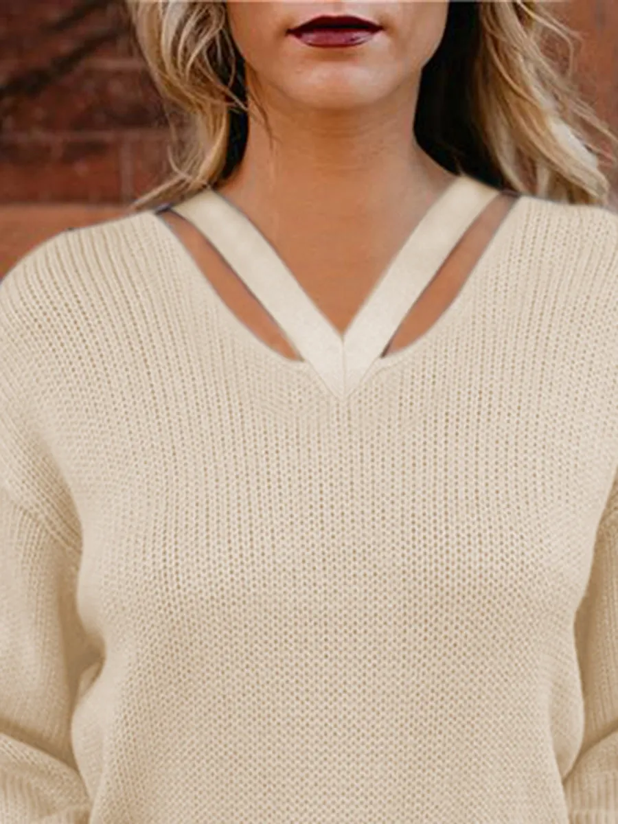 Comfortable Solid Color Warm V-Neck Knitted Long-Sleeved Sweater