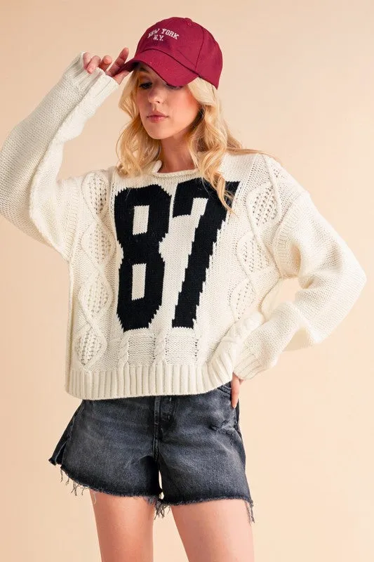 Contrast Number Cable Knit Drop Shoulder Sweater