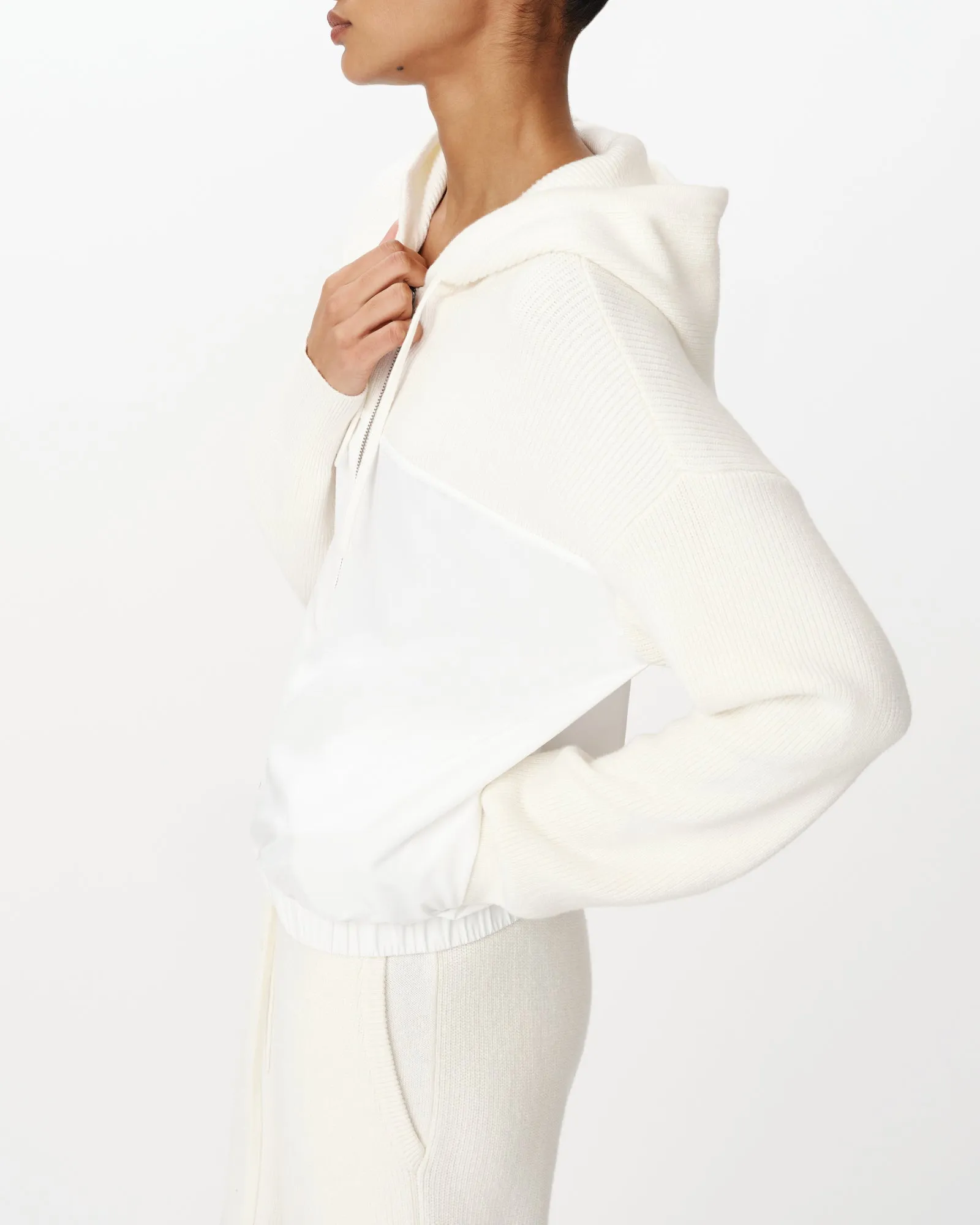 Cotton Cashmere Mixed Media Zip-Up Hoodie Sweater - Chalk