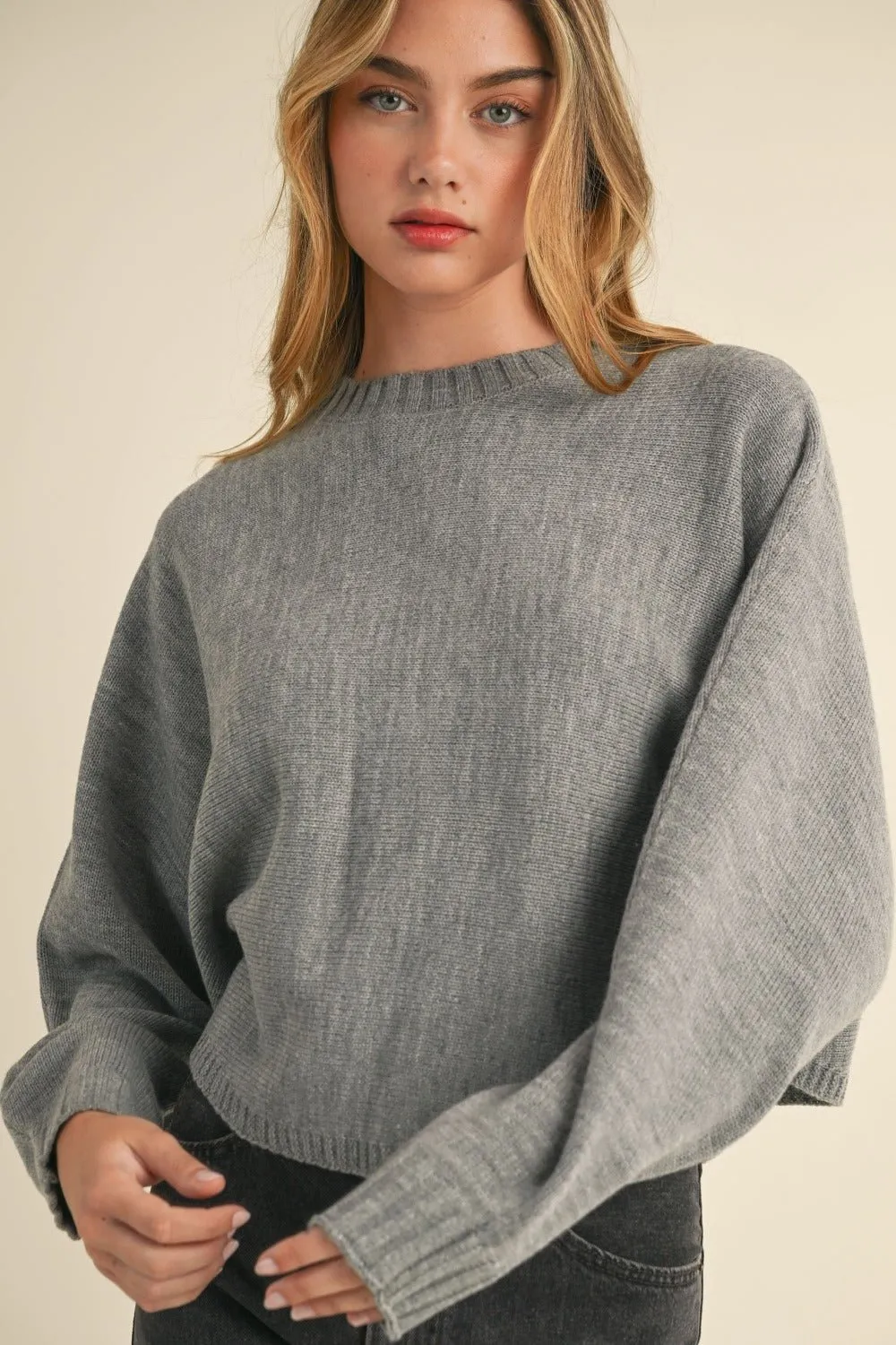 Crew Neck Dolman Sleeve Cropped Sweater in Heather Grey