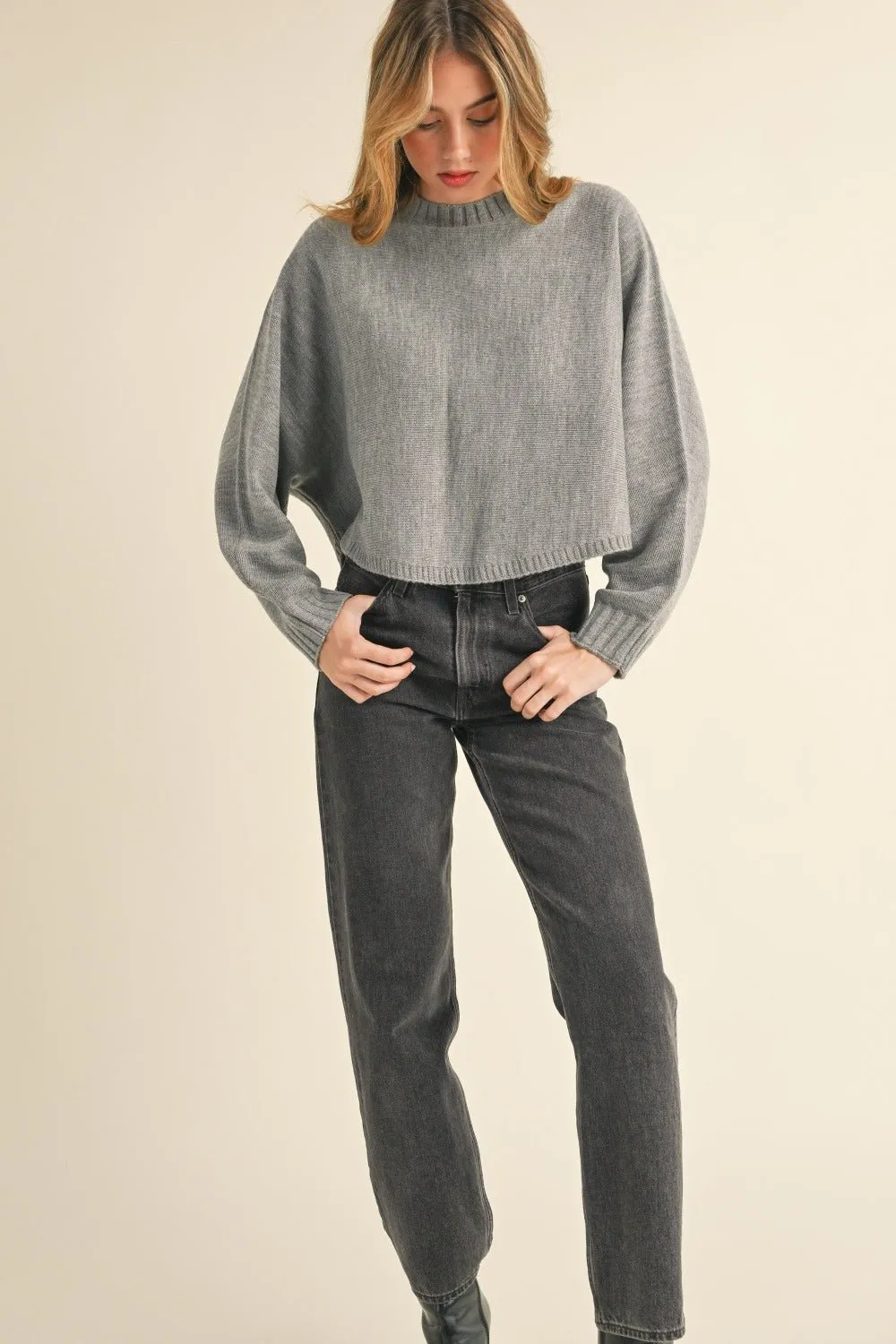 Crew Neck Dolman Sleeve Cropped Sweater in Heather Grey