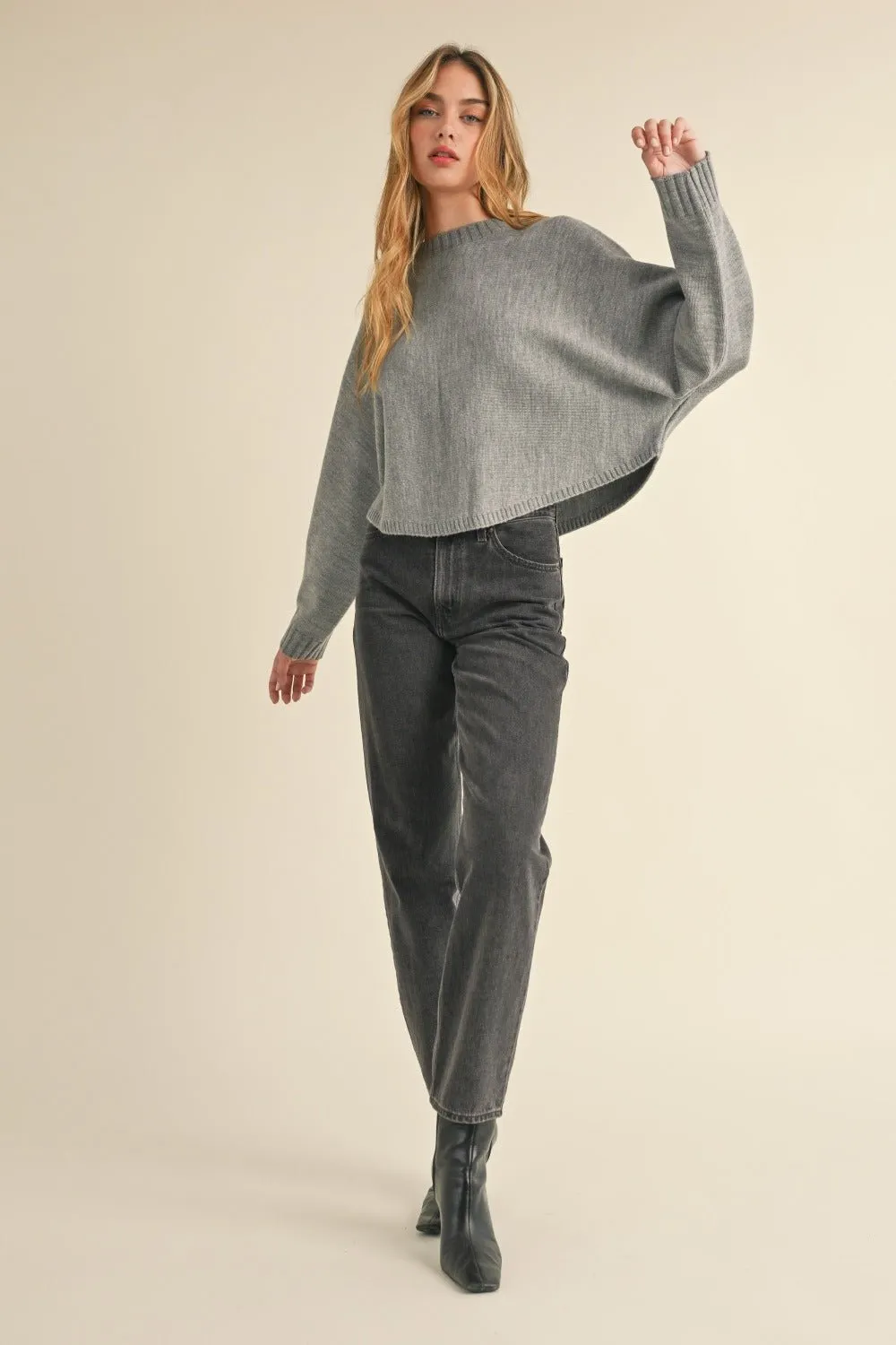 Crew Neck Dolman Sleeve Cropped Sweater in Heather Grey