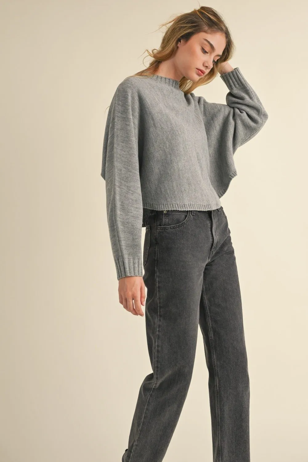 Crew Neck Dolman Sleeve Cropped Sweater in Heather Grey