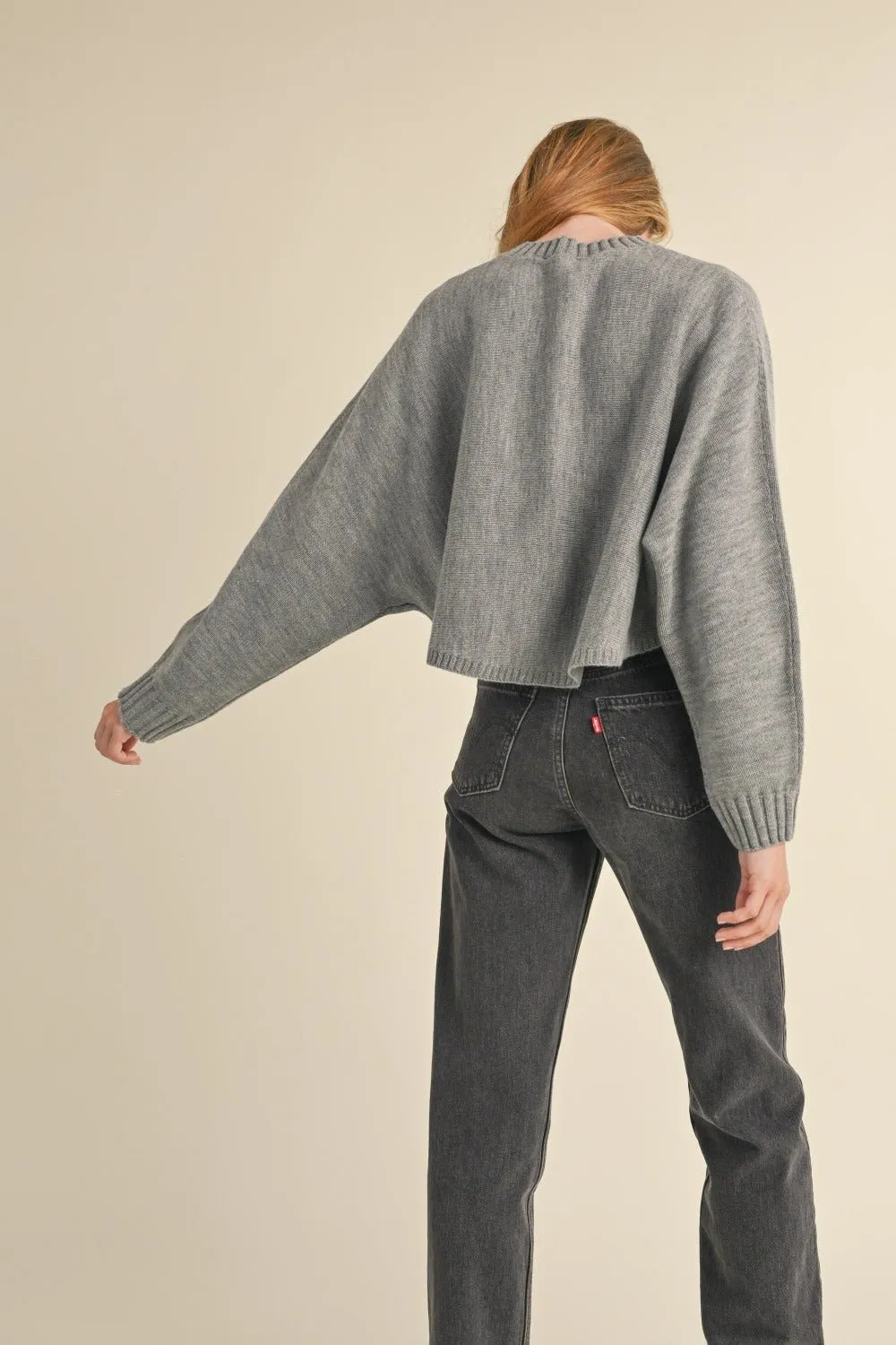 Crew Neck Dolman Sleeve Cropped Sweater in Heather Grey