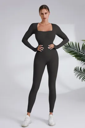 Dark Grey Square Neck Ribbed Long Sleeve Jumpsuit