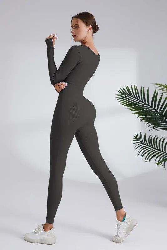 Dark Grey Square Neck Ribbed Long Sleeve Jumpsuit