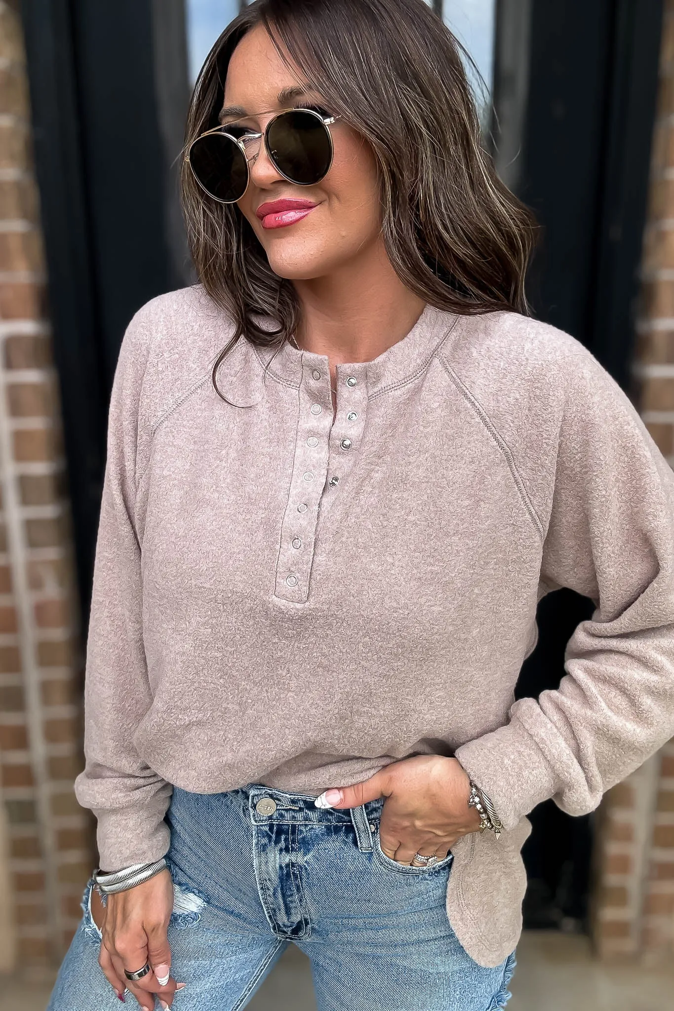 Exhale Ash Mocha Brushed Melange Hacci Oversized Henley Sweater